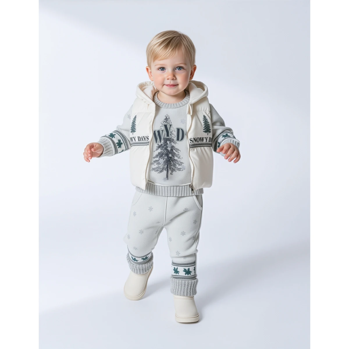 3'lü Erkek Bebek Snow Days Kapüşonlu Yelekli Takım (Krem-Bej)