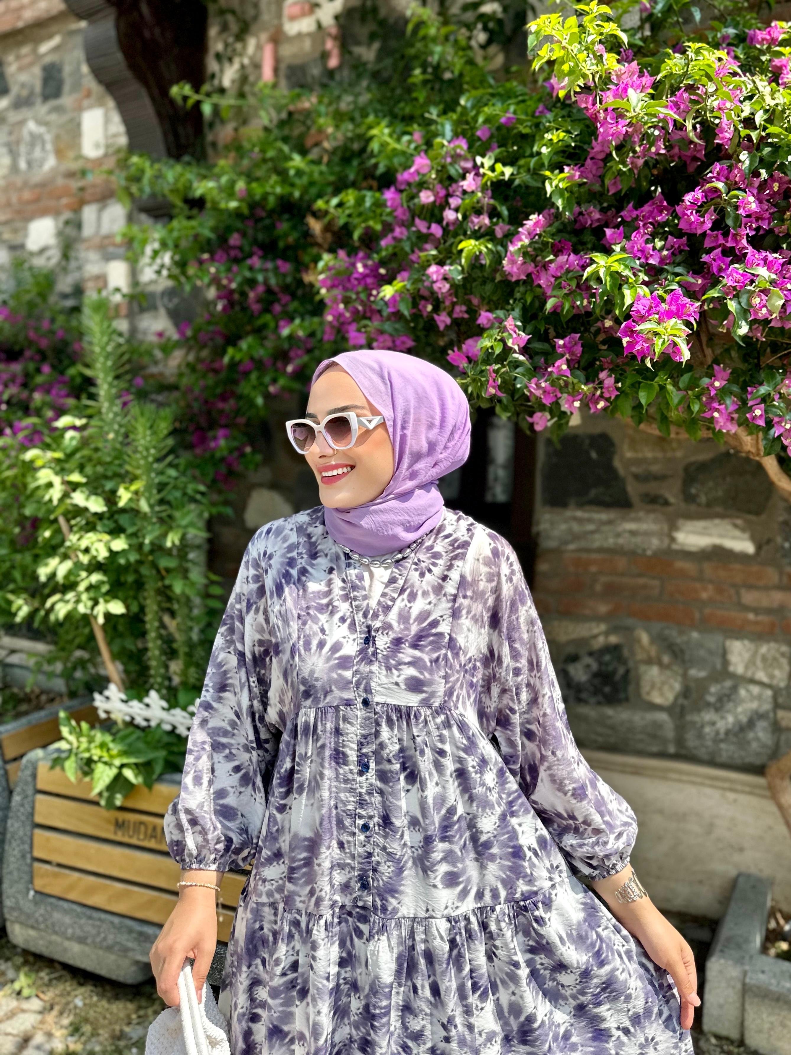 Batik Çiçek Mor Elbise