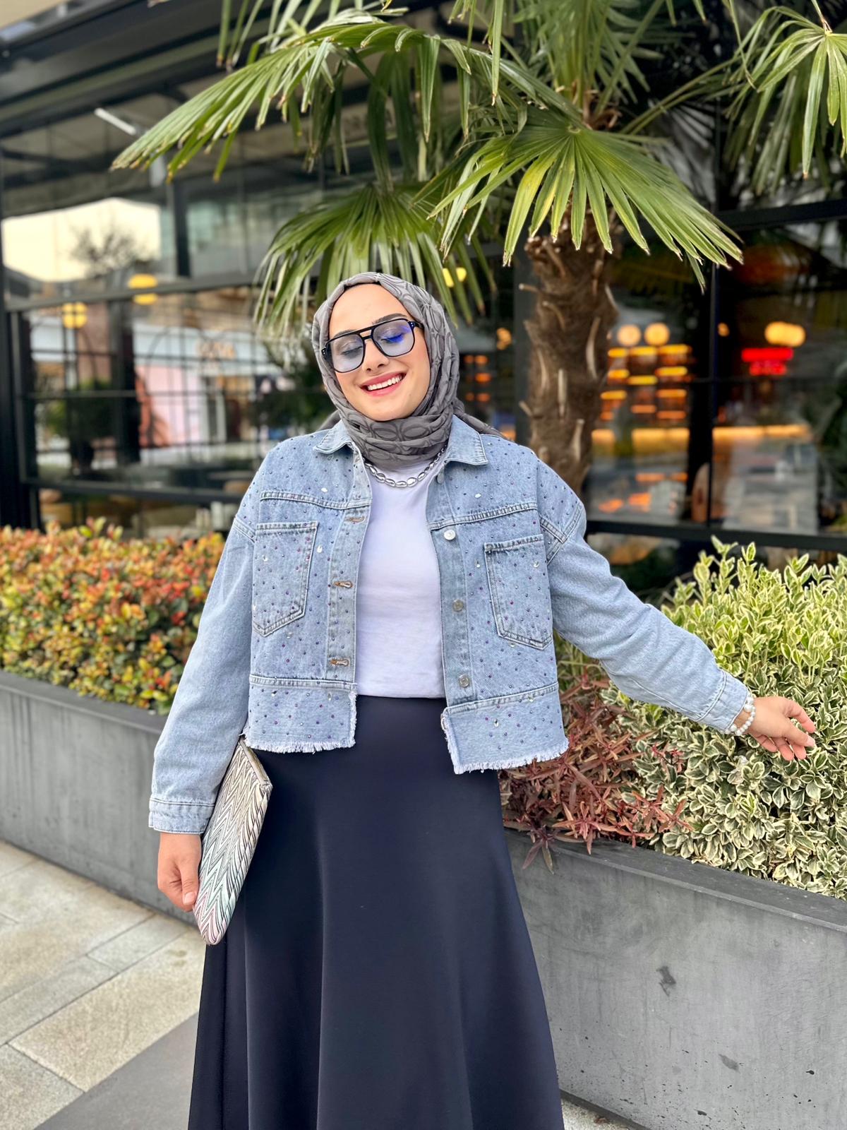 Crop Taşlı Kot Ceket