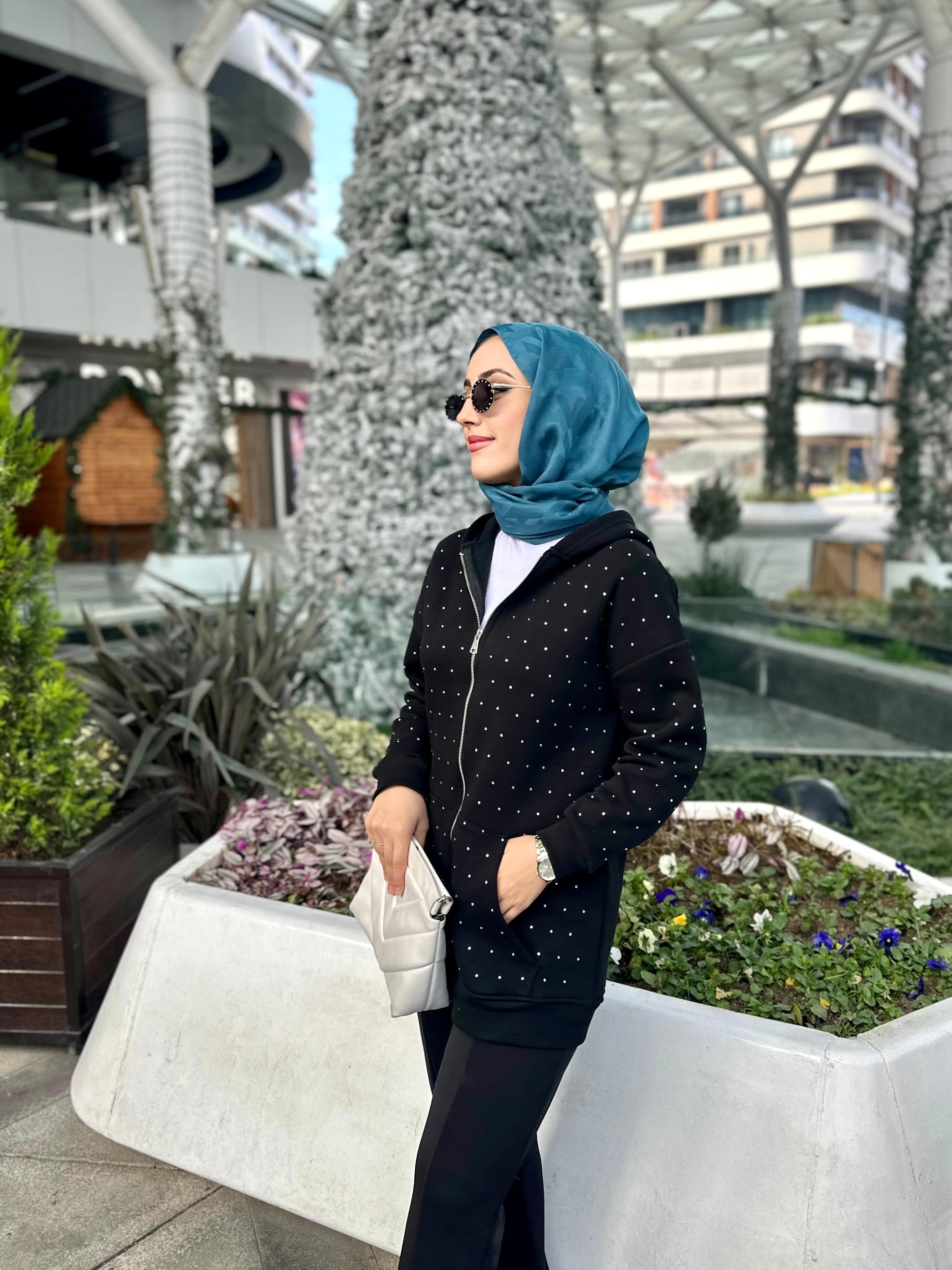 Kapüşonlu Fermuarlı Sweat Siyah