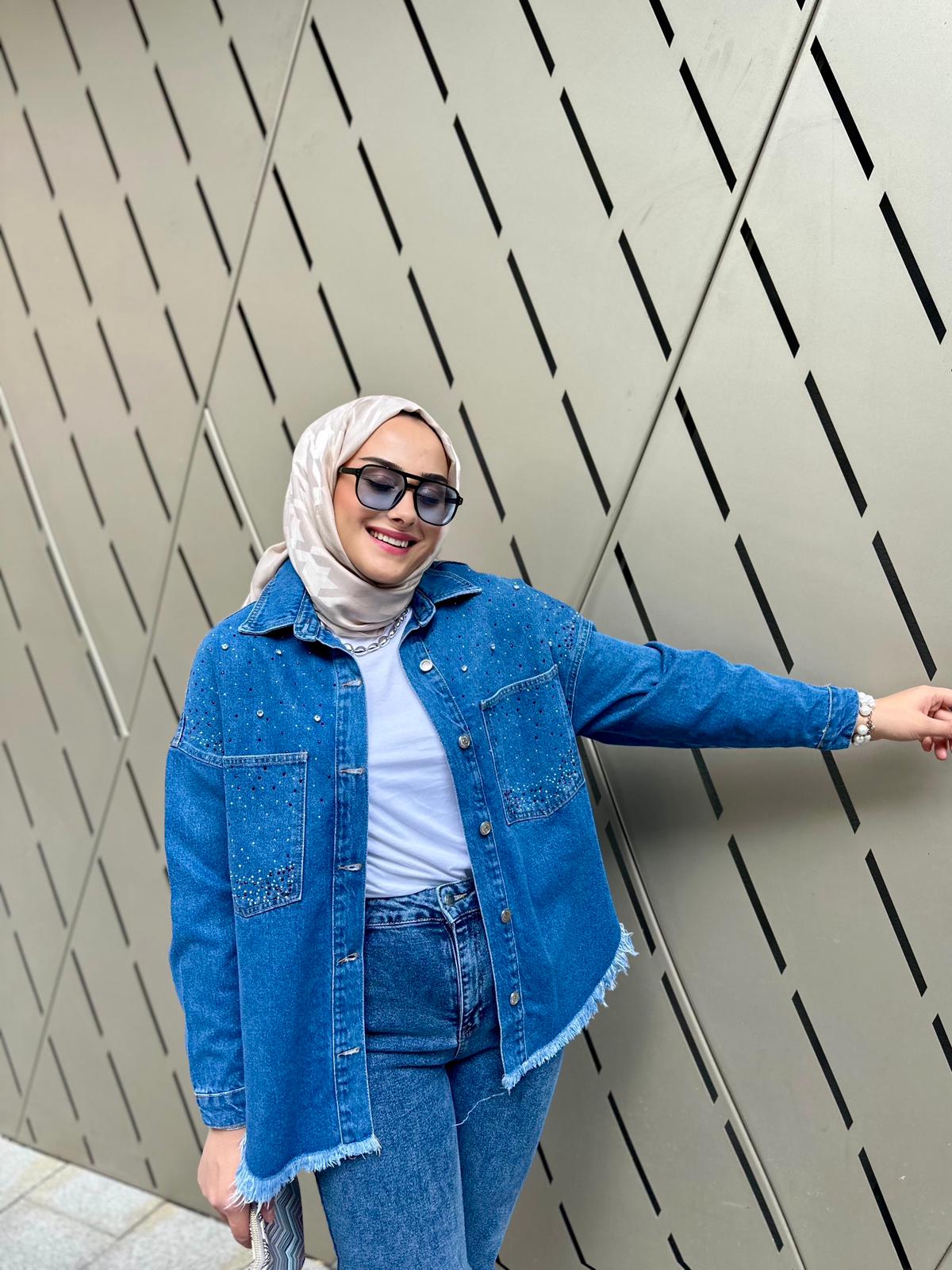 Karışık Taş Detaylı Kot Ceket