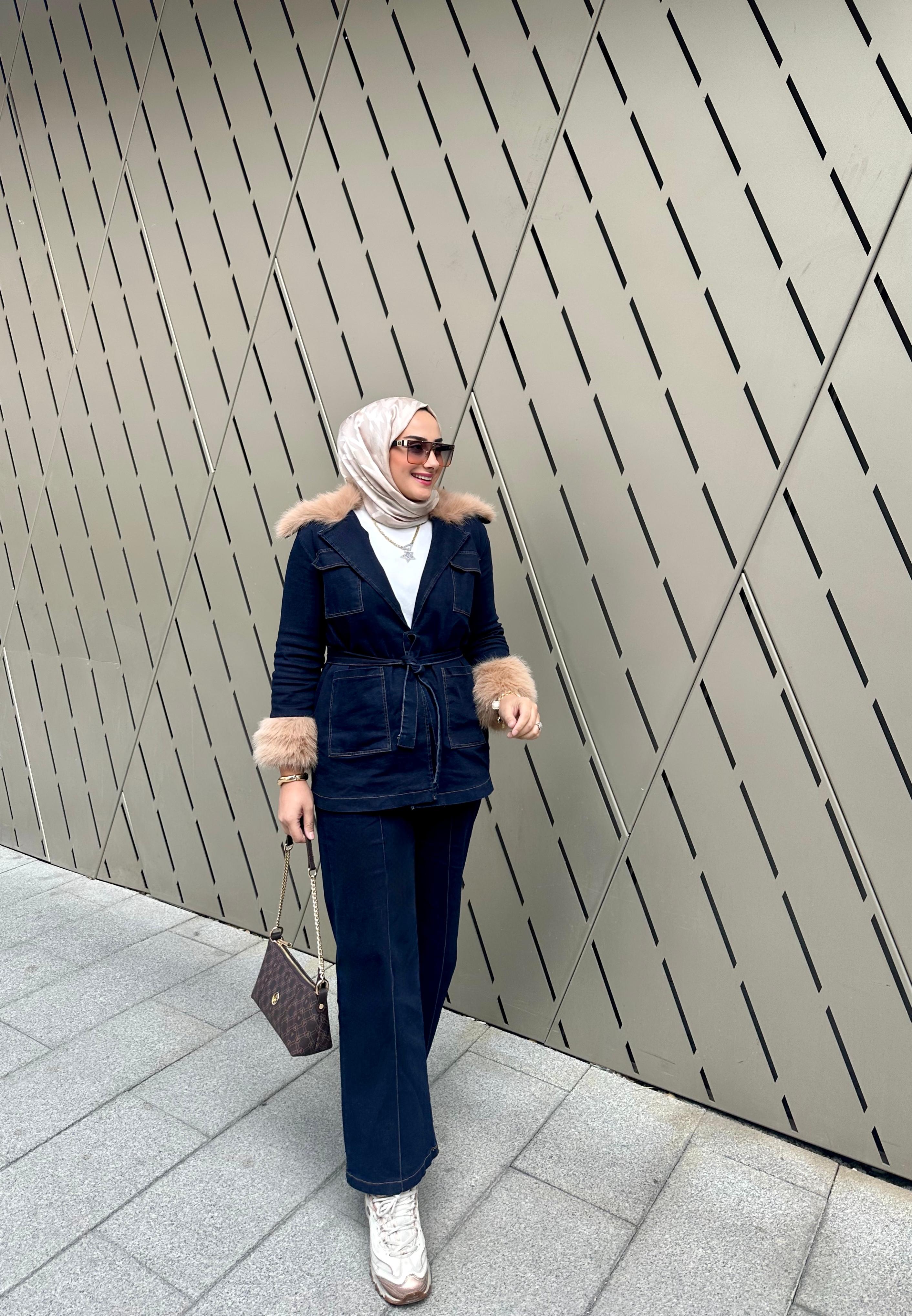 Kürk Detaylı Denim Takım