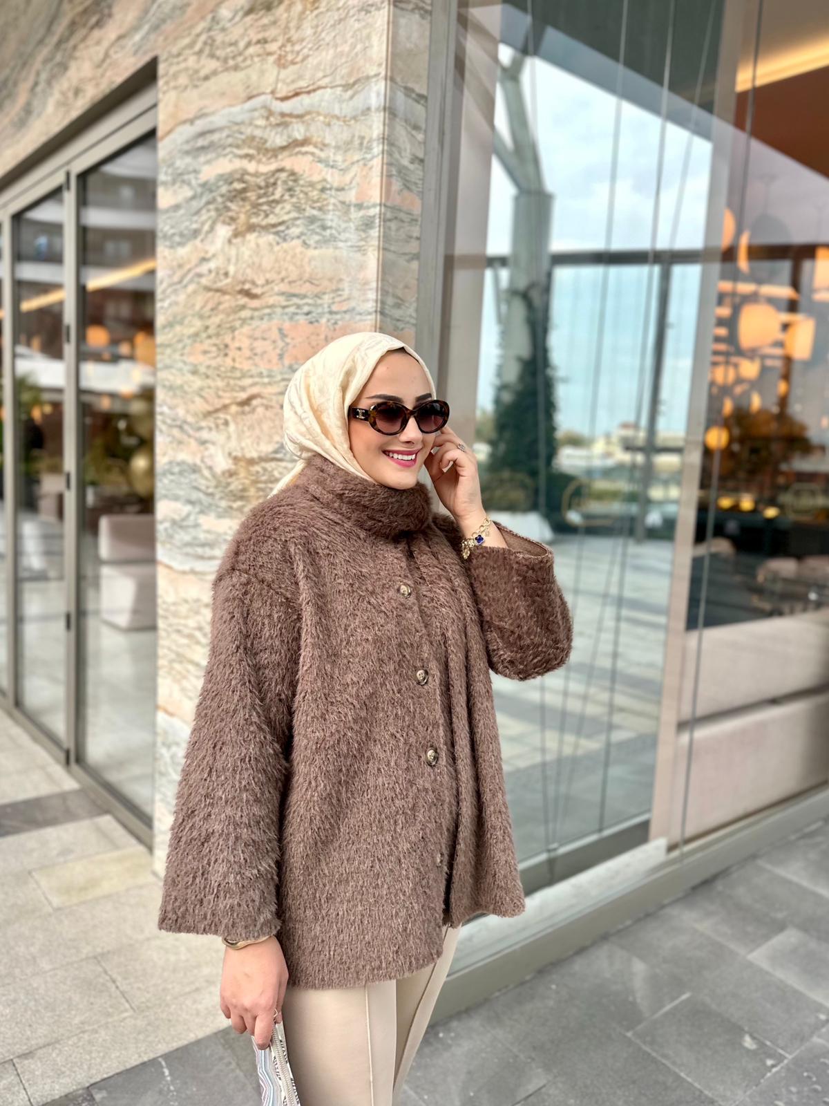 Şal Detaylı Peluş Kap - Kahverengi