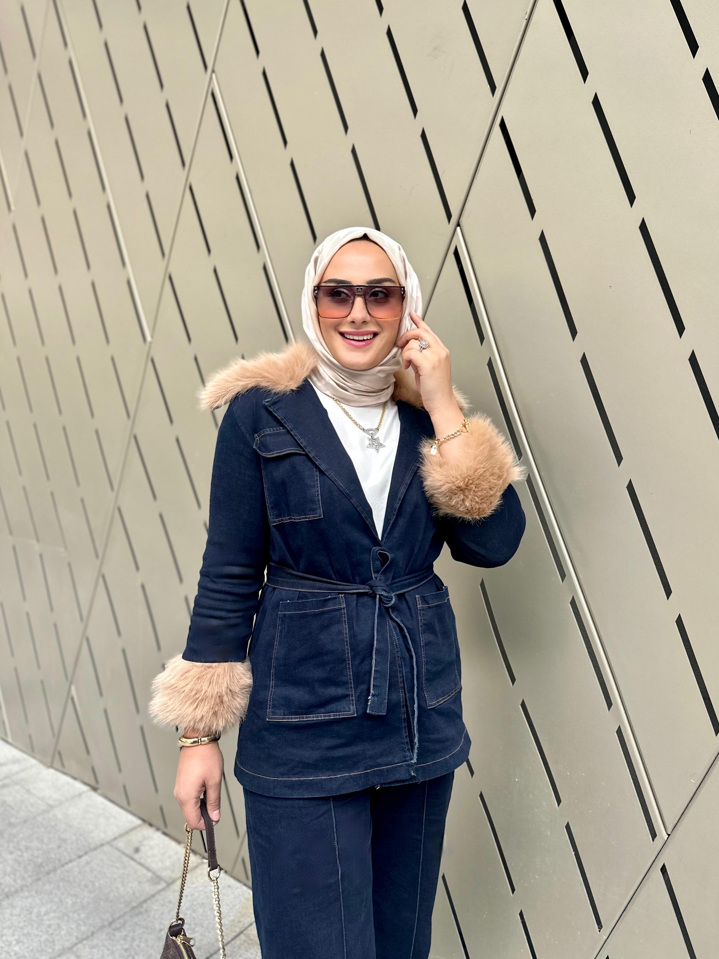 Kürk Detaylı Denim Takım