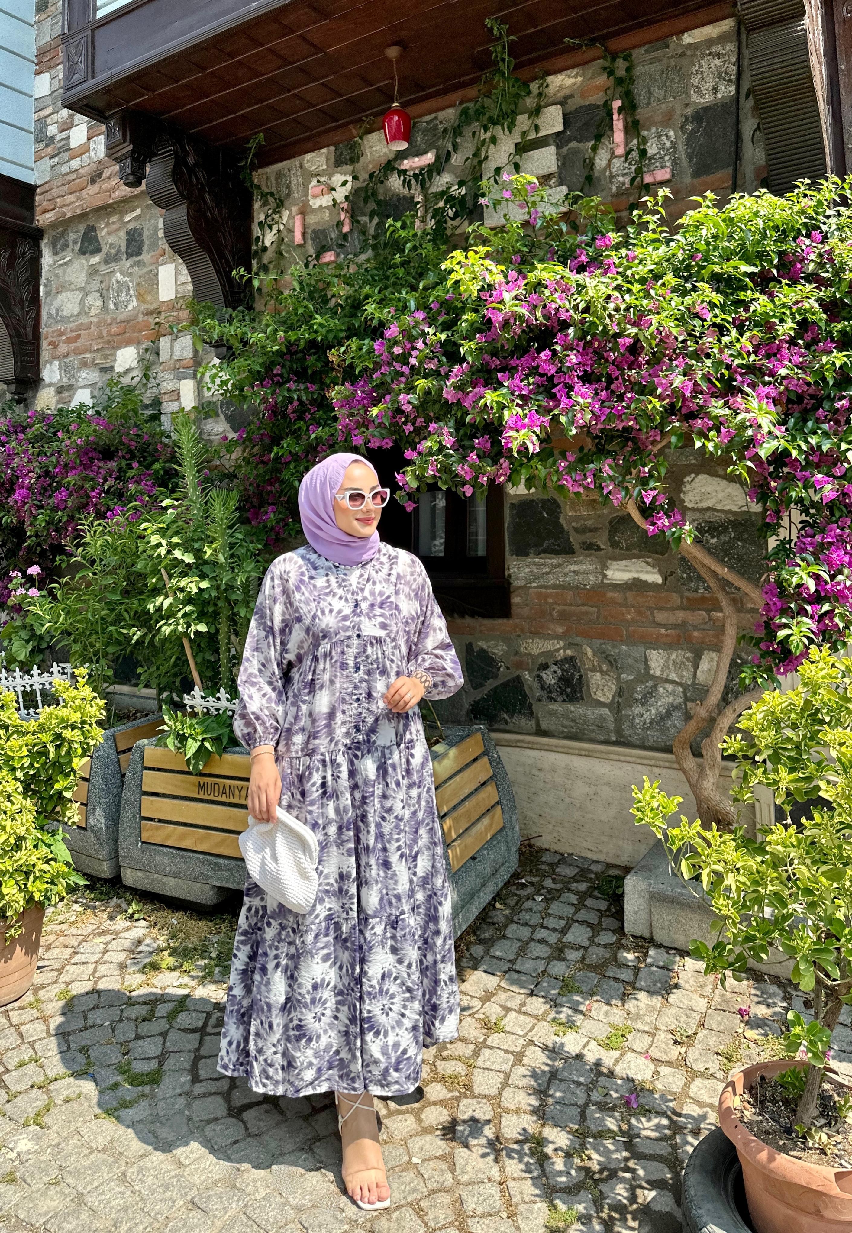 Batik Çiçek Mor Elbise