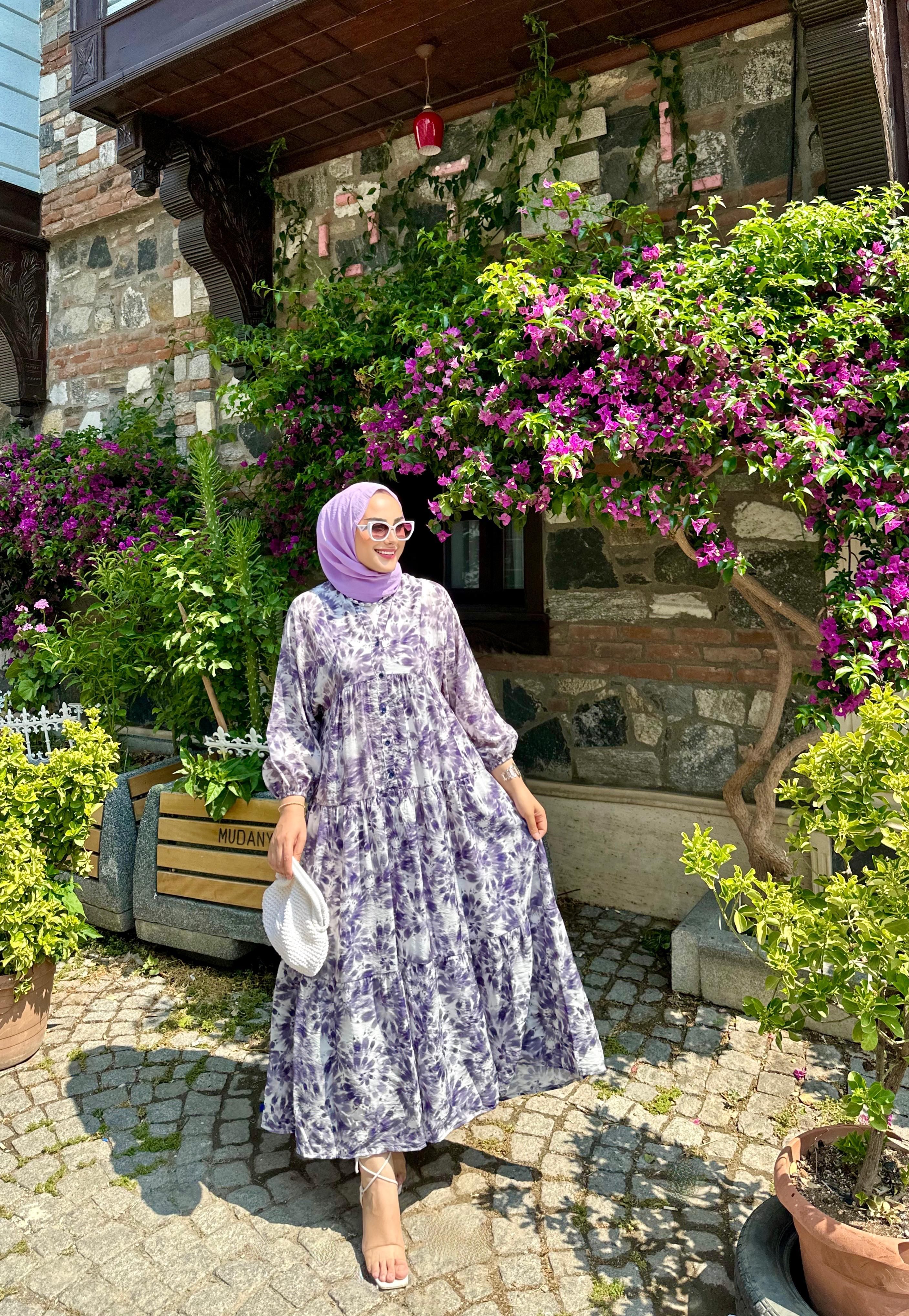 Batik Çiçek Mor Elbise