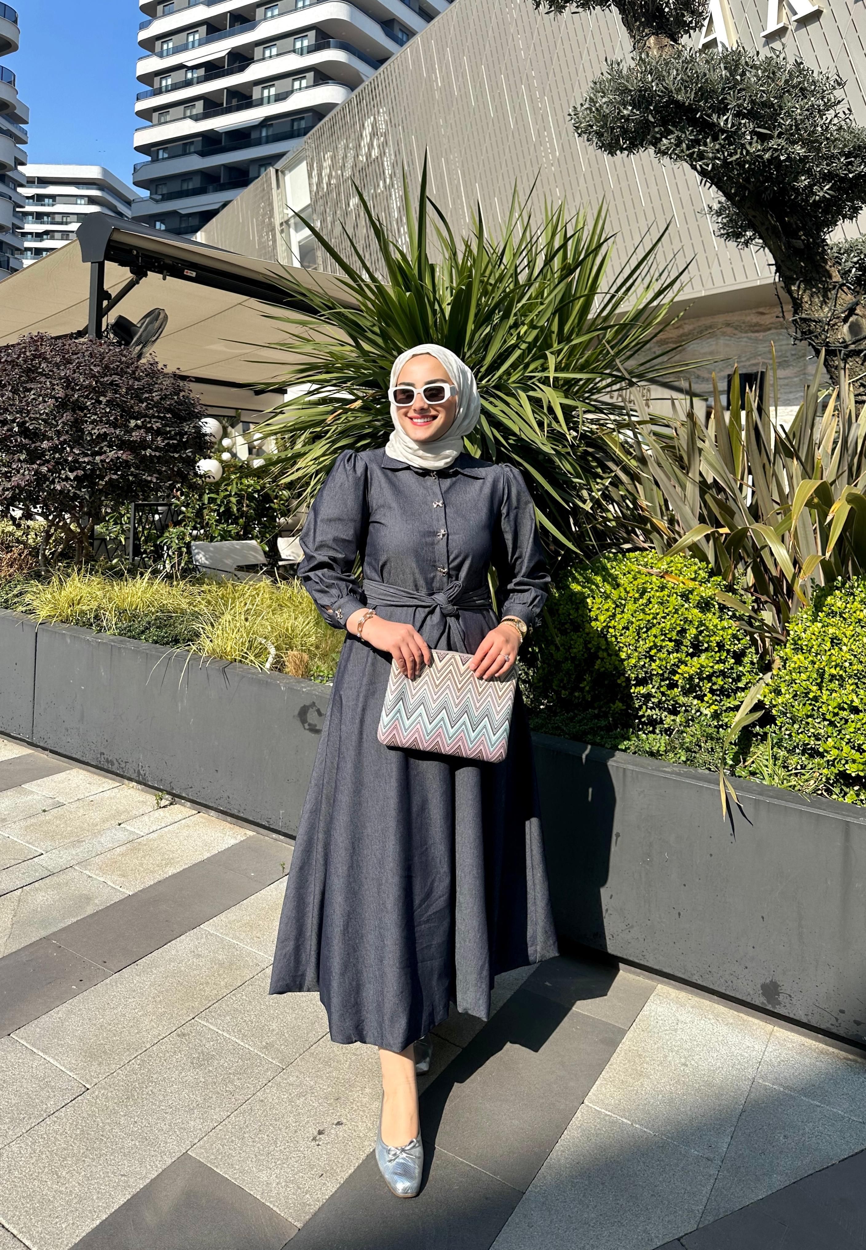 Fiyonk Denim Balon Elbise
