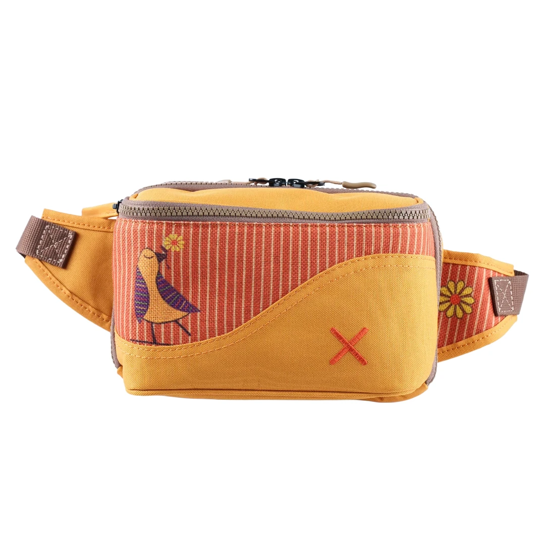 Sarı Kuş Desenli Kanvas Unisex Göğüs ve Bel Çantası