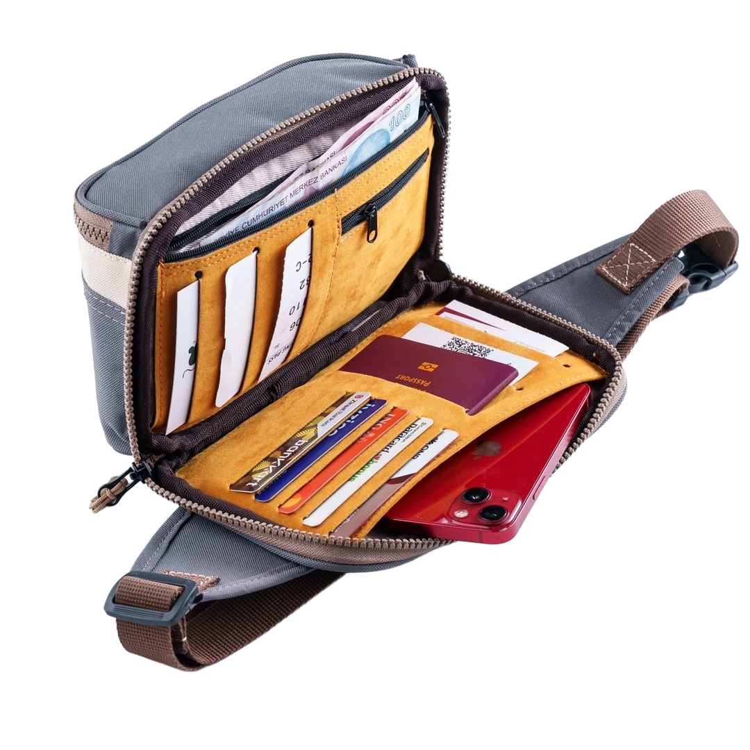 Krem Rengi Karga Desenli Kanvas Unisex Göğüs ve Bel Çantası