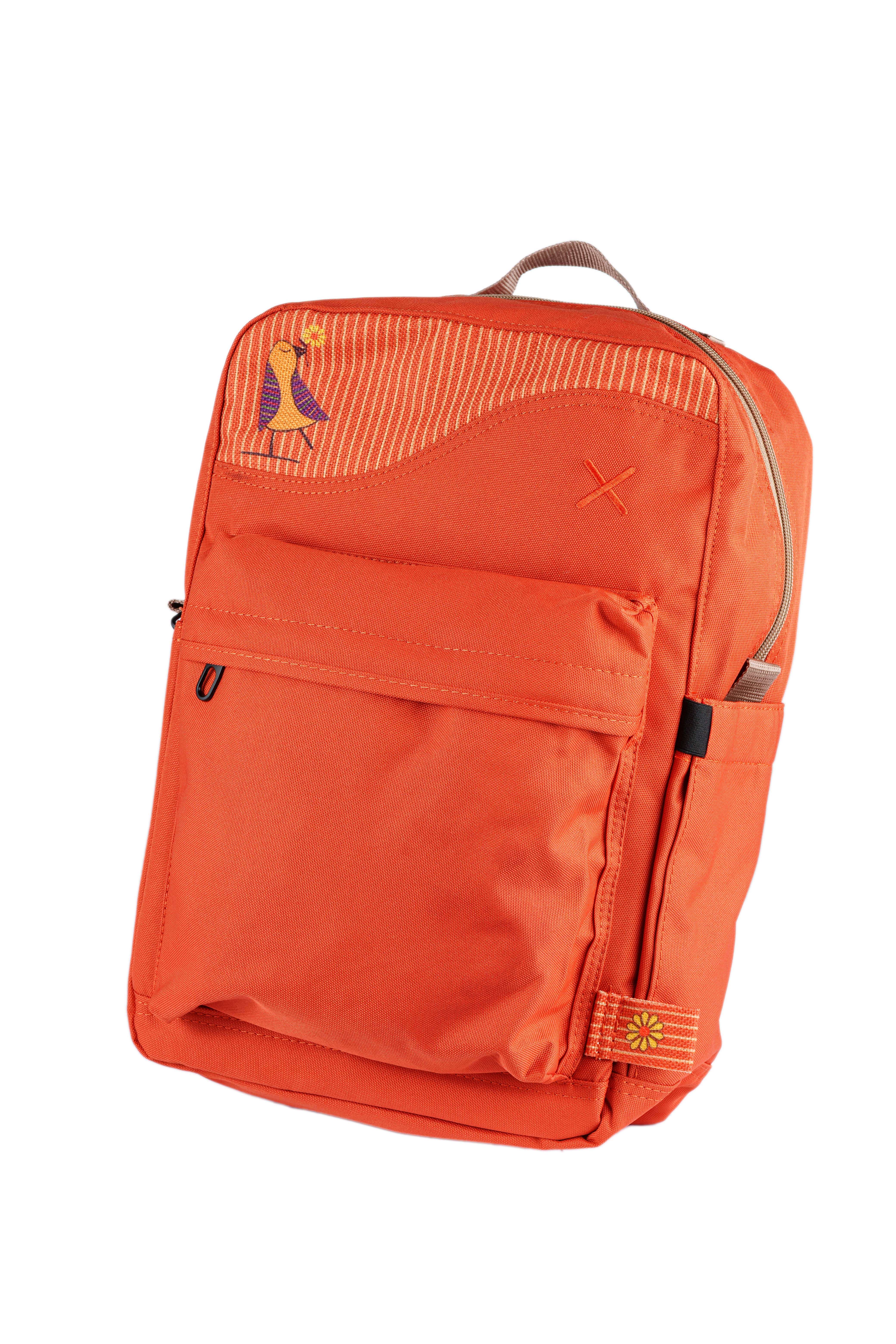 Turuncu Kuş Desenli Kanvas Unisex Sırt Çantası