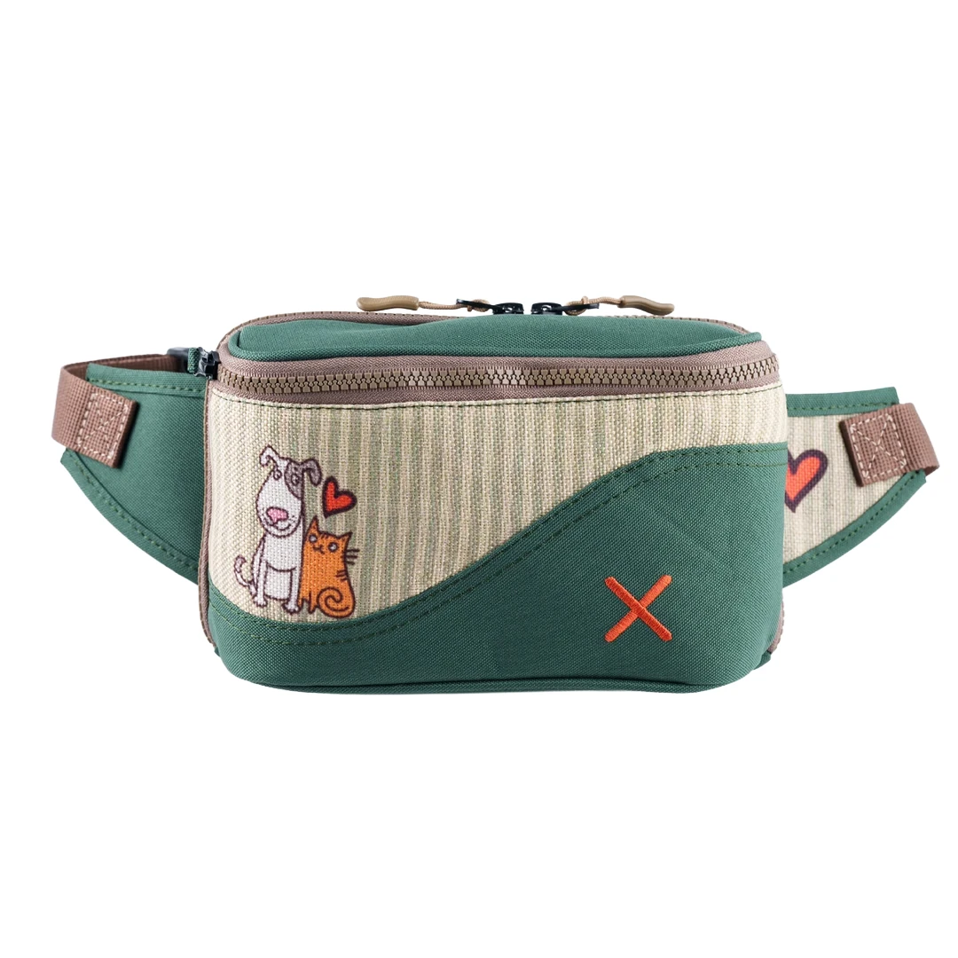 Yeşil Kedi & Köpek Desenli Kanvas Unisex Göğüs ve Bel Çantası