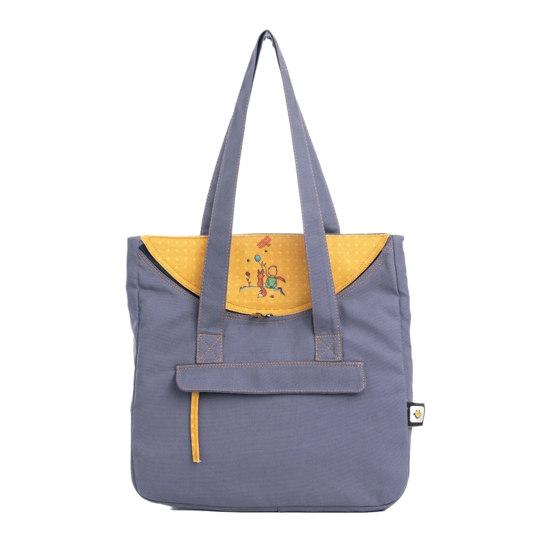 Gri Küçük Prens Desenli Canvas Kumaş Omuz Çantası