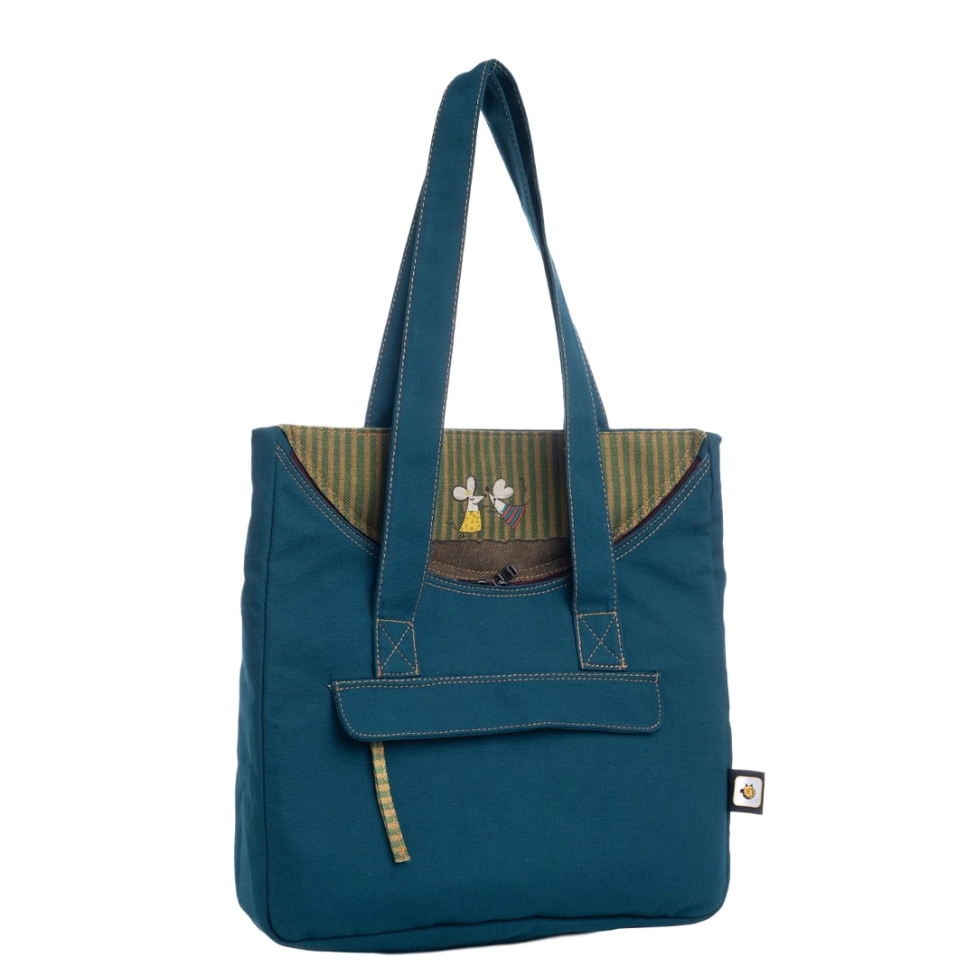 Petrol Mavisi Fare Desenli Canvas Kumaş Omuz Çantası