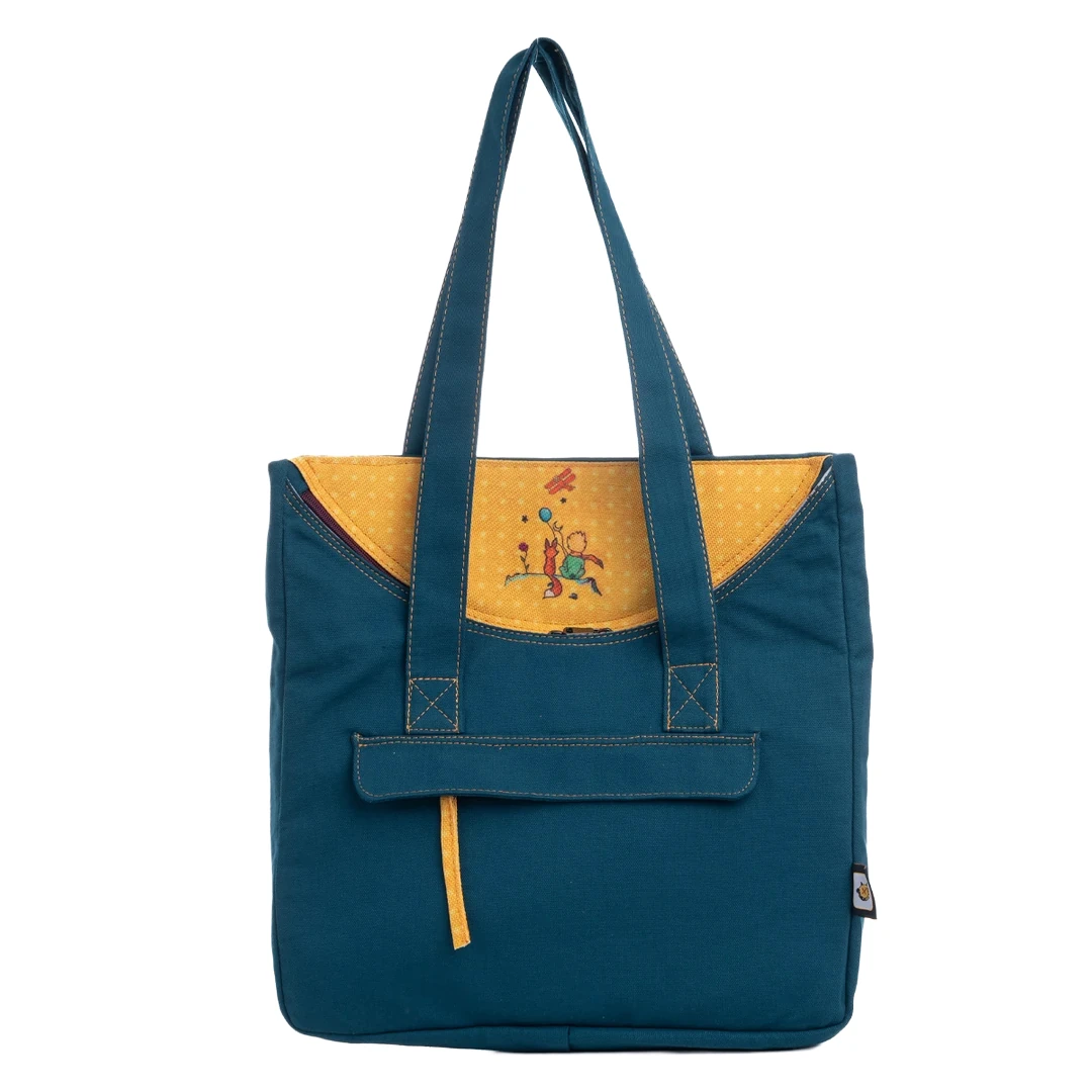 Petrol Mavisi Küçük Prens Desenli Canvas Kumaş Omuz Çantası
