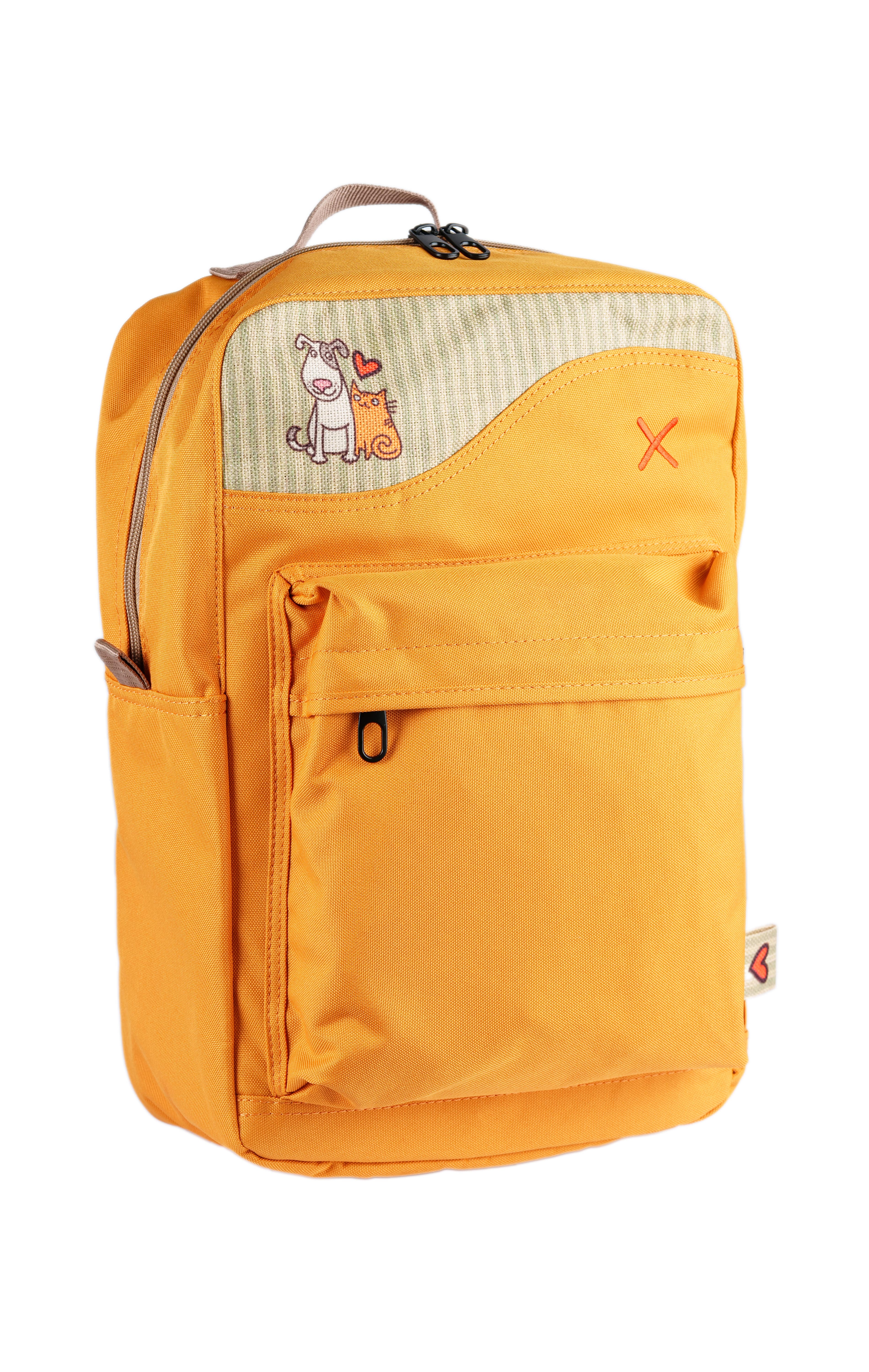 Sarı Kedi & Köpek Desenli Kanvas Unisex Sırt Çantası