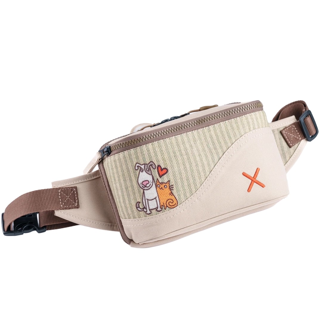 Krem Rengi Kedi & Köpek Desenli Kanvas Unisex Göğüs ve Bel Çantası