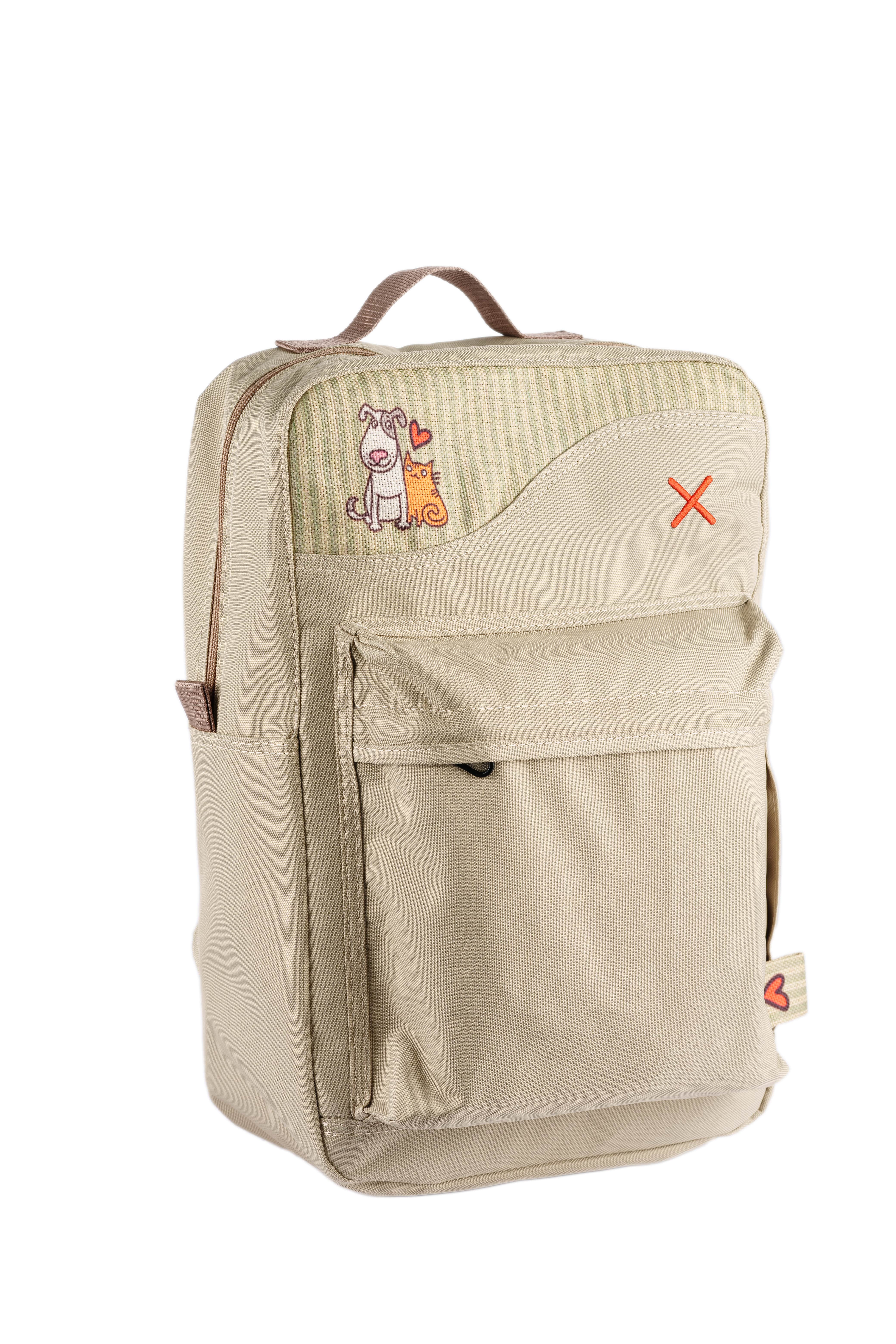 Krem Kedi & Köpek Desenli Kanvas Unisex Sırt Çantası