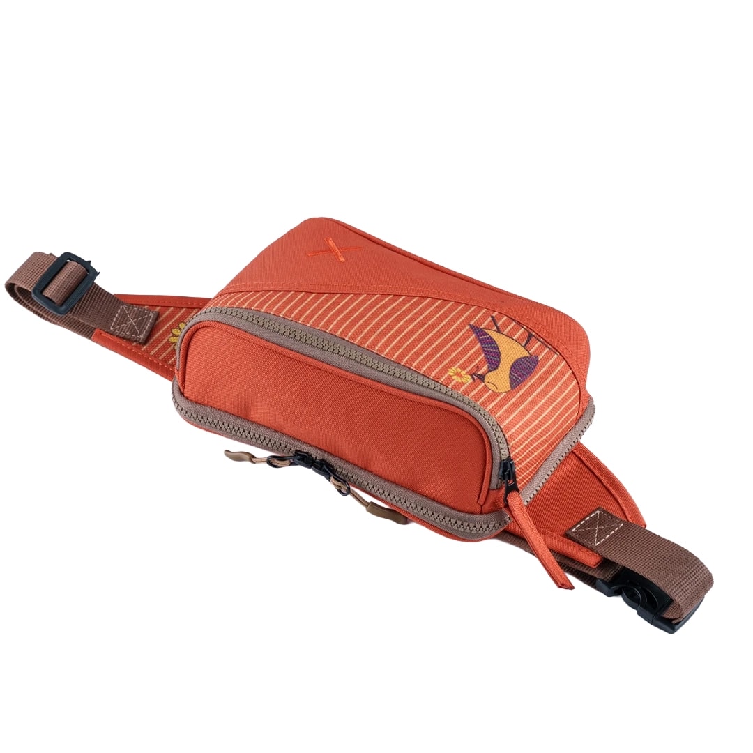 Turuncu Kuş Desenli Kanvas Unisex Göğüs ve Bel Çantası