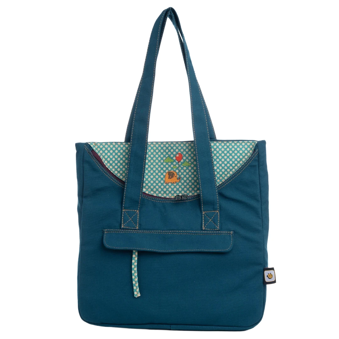 Petrol Mavisi Fil Desenli Canvas Kumaş Omuz Çantası