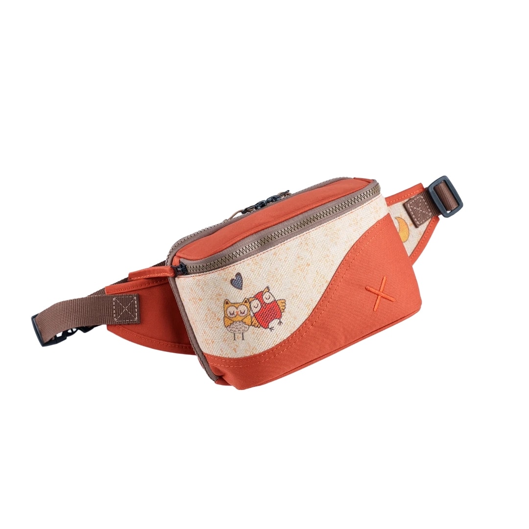 Turuncu Baykuş Desenli Kanvas Unisex Göğüs ve Bel Çantası