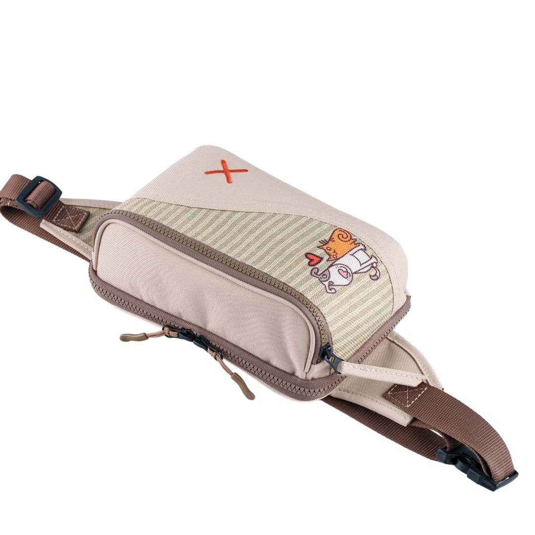 Krem Rengi Kedi & Köpek Desenli Kanvas Unisex Göğüs ve Bel Çantası