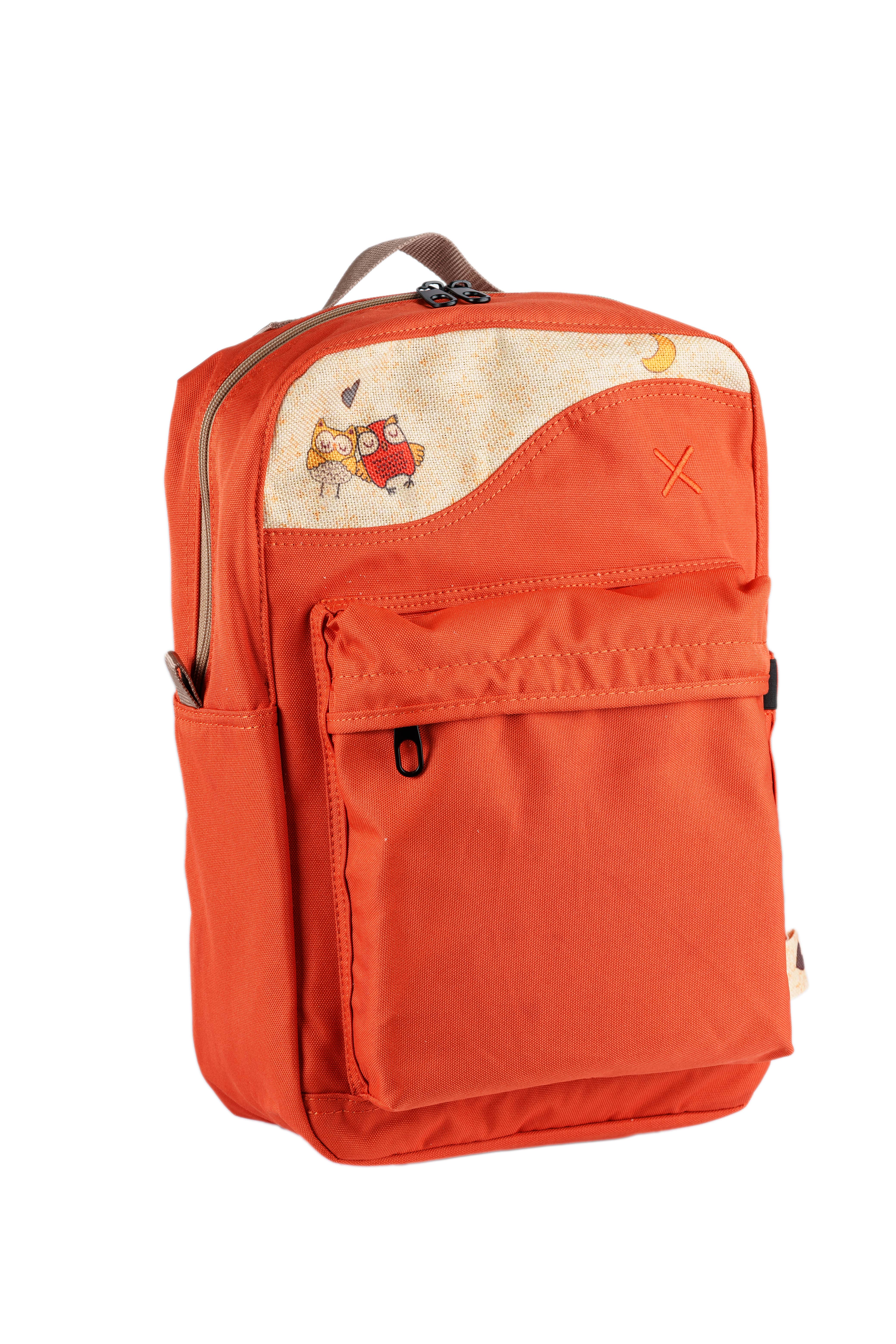 Turuncu Baykuş Desenli Kanvas Unisex Sırt Çantası
