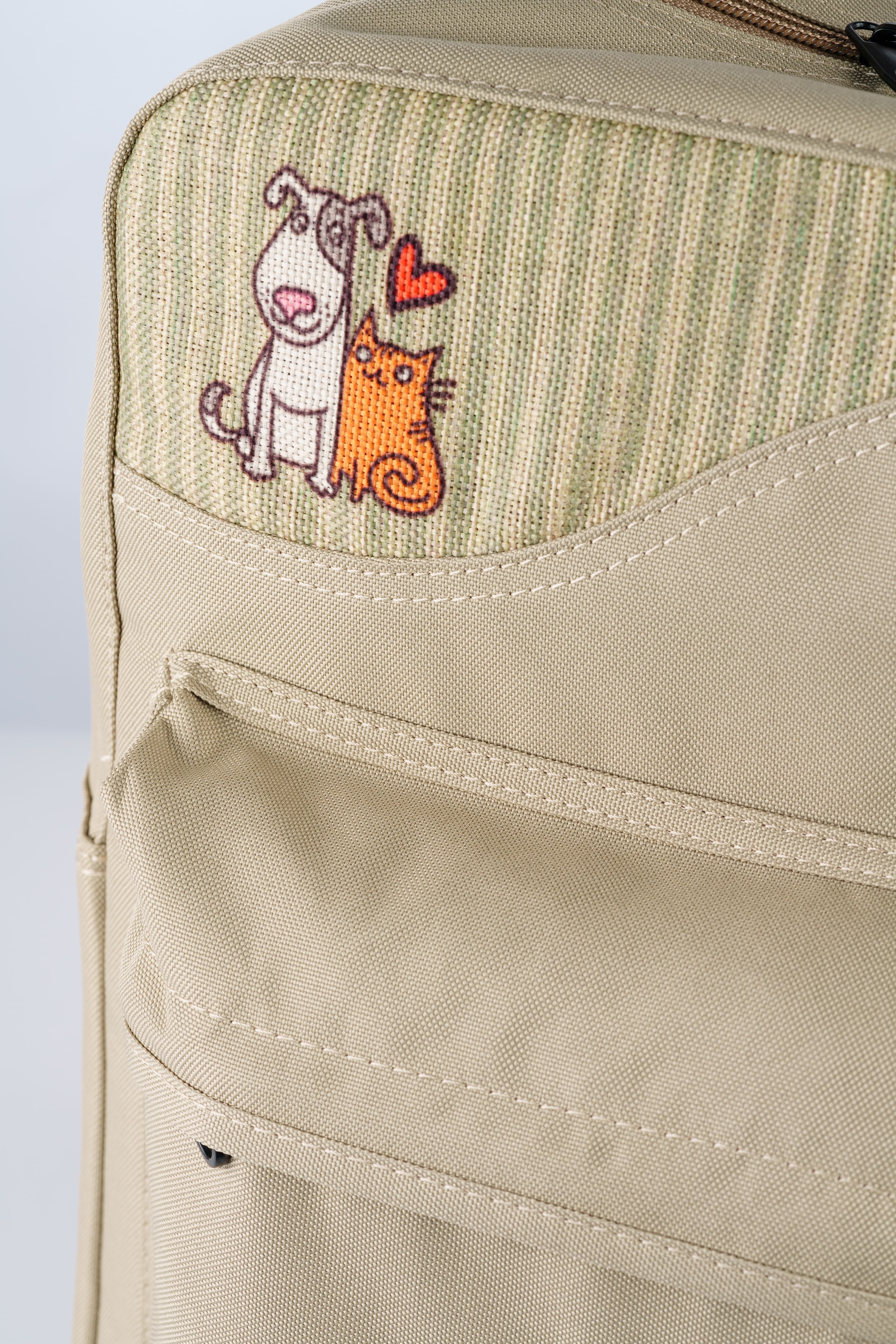 Krem Kedi & Köpek Desenli Kanvas Unisex Sırt Çantası