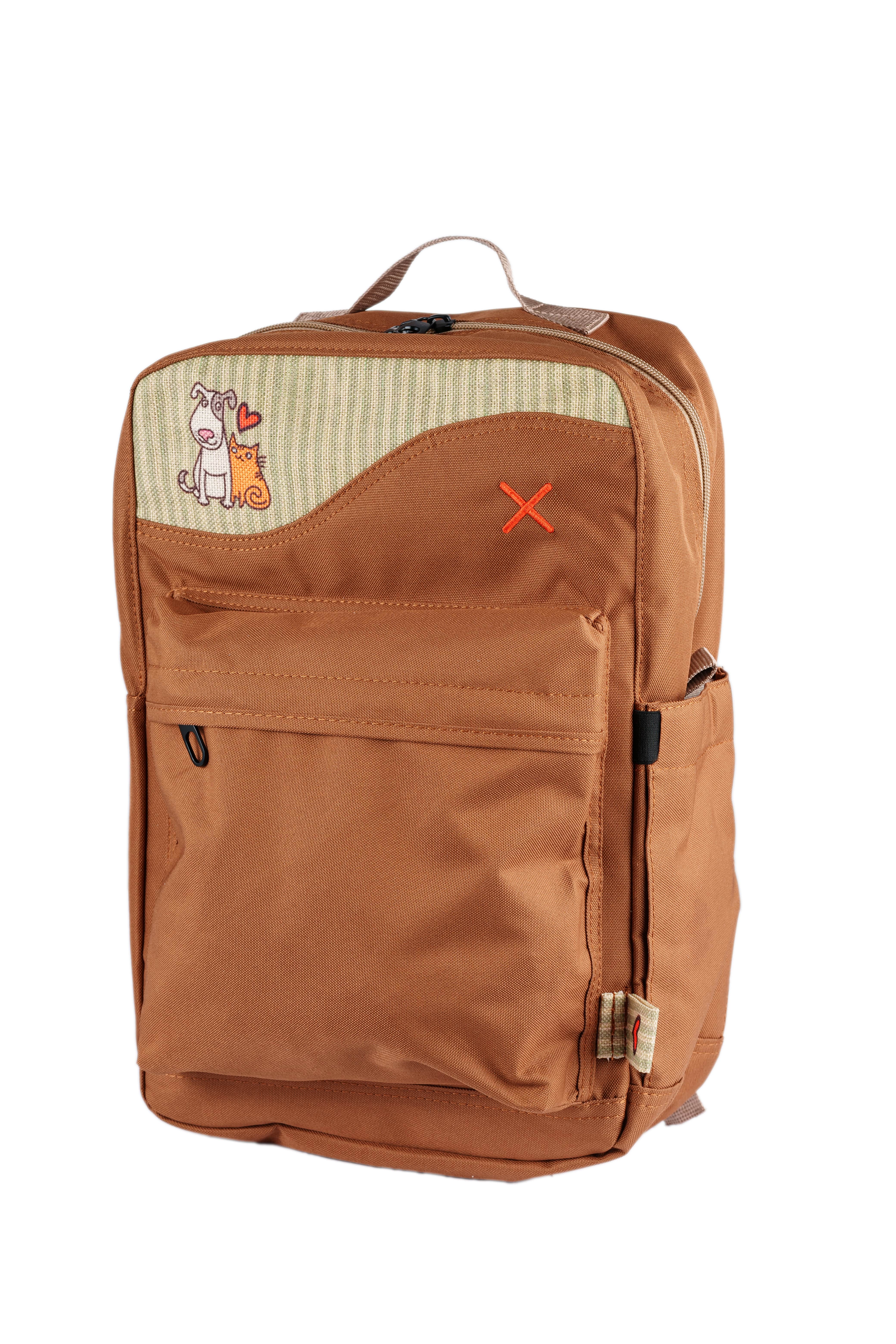 Kahverengi Kedi & Köpek Desenli Kanvas Unisex Sırt Çantası