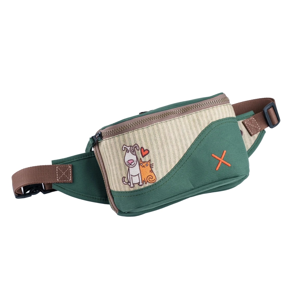Yeşil Kedi & Köpek Desenli Kanvas Unisex Göğüs ve Bel Çantası
