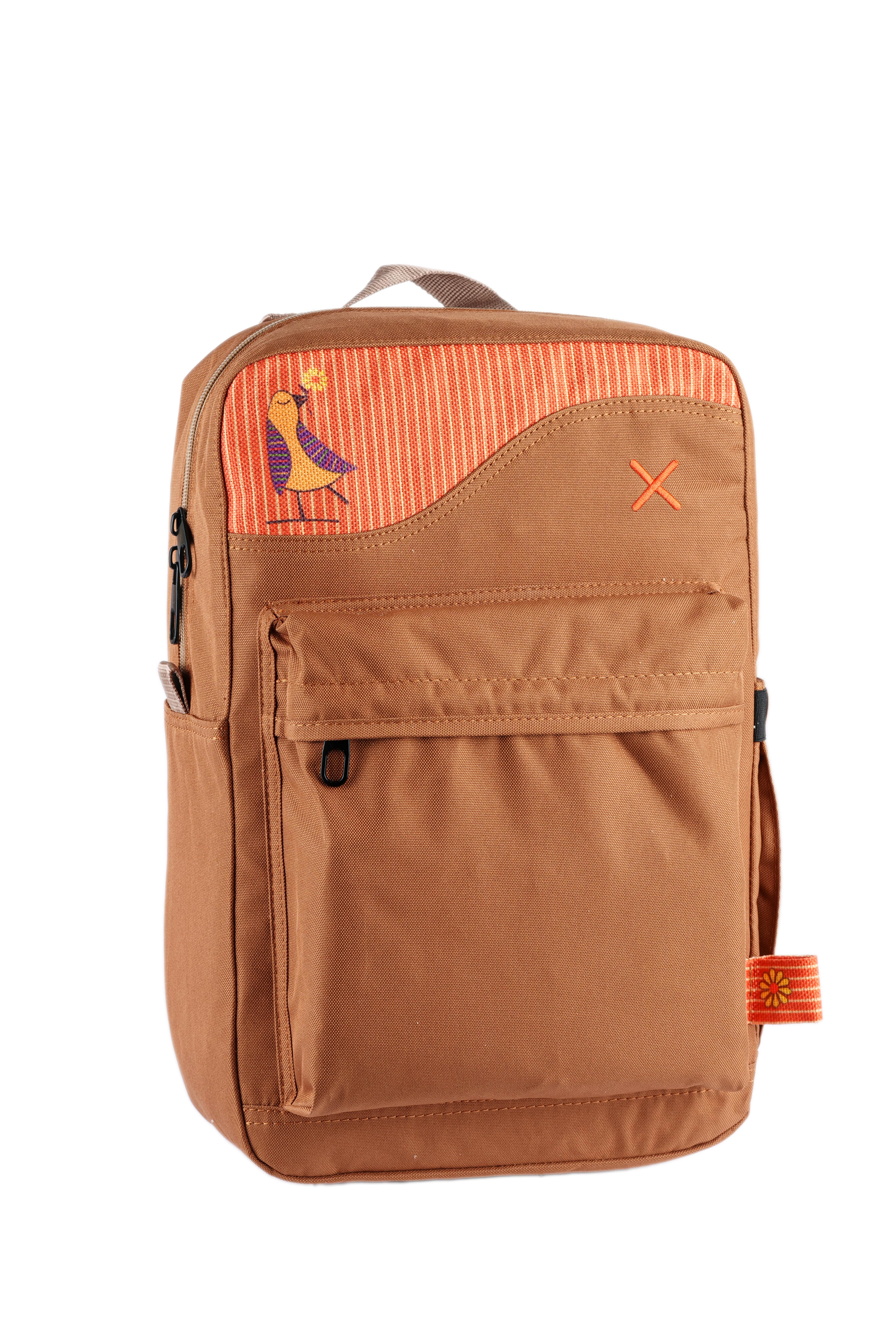 Kahverengi Kuş Desenli Kanvas Unisex Sırt Çantası