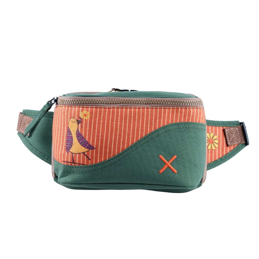 Yeşil Kuş Desenli Kanvas Unisex Göğüs ve Bel Çantası