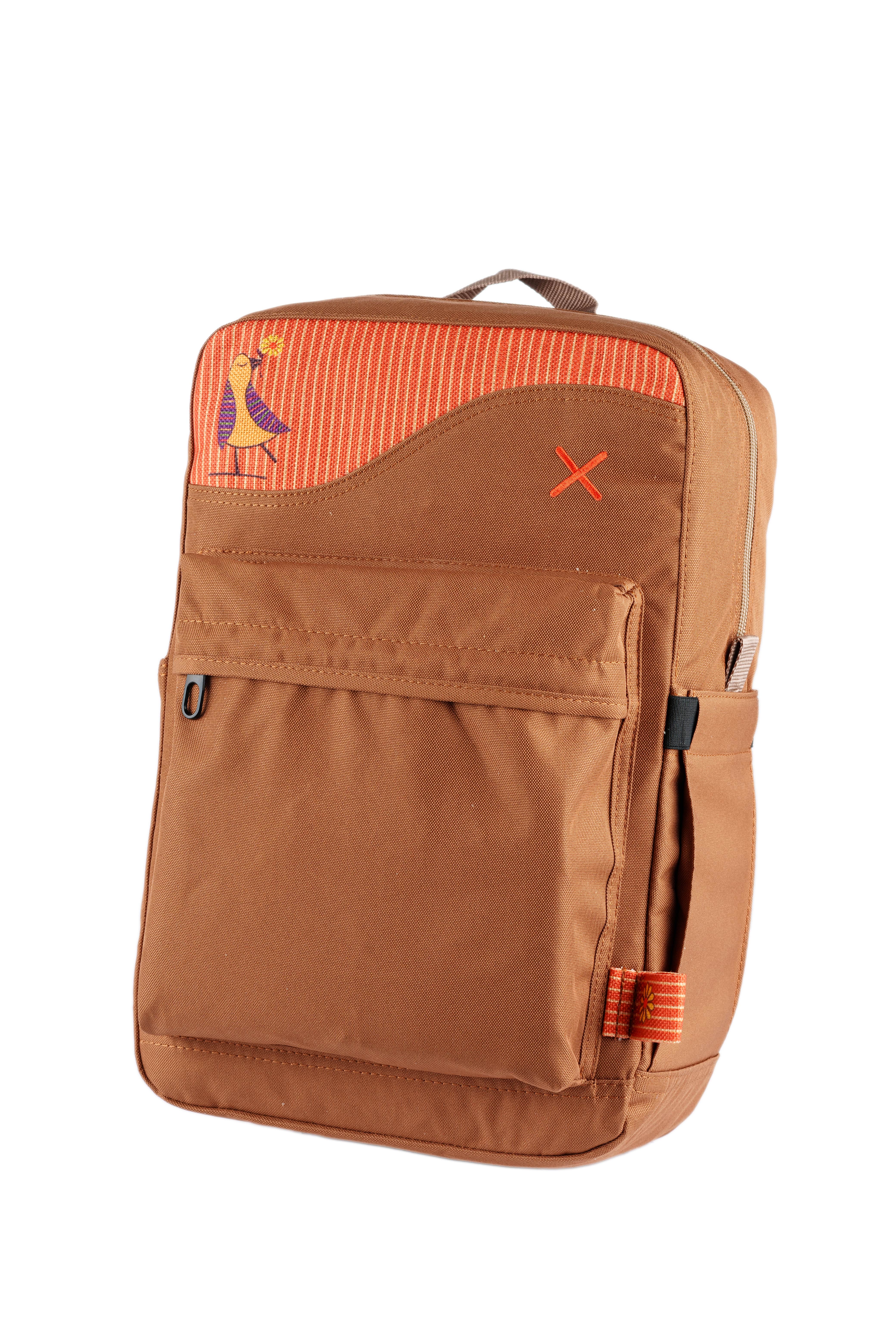 Kahverengi Kuş Desenli Kanvas Unisex Sırt Çantası