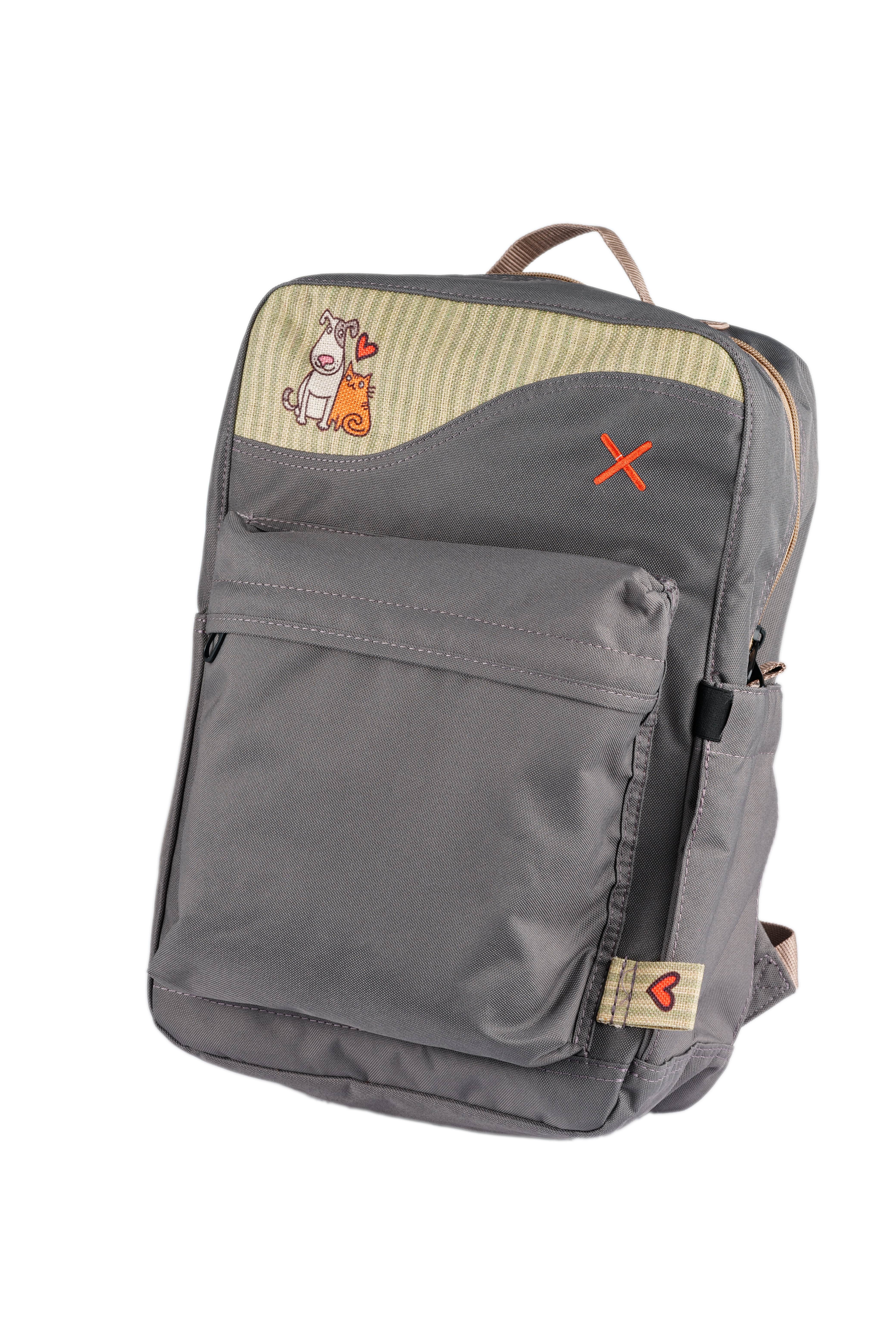 Antrasit Kedi & Köpek Desenli Kanvas Unisex Sırt Çantası