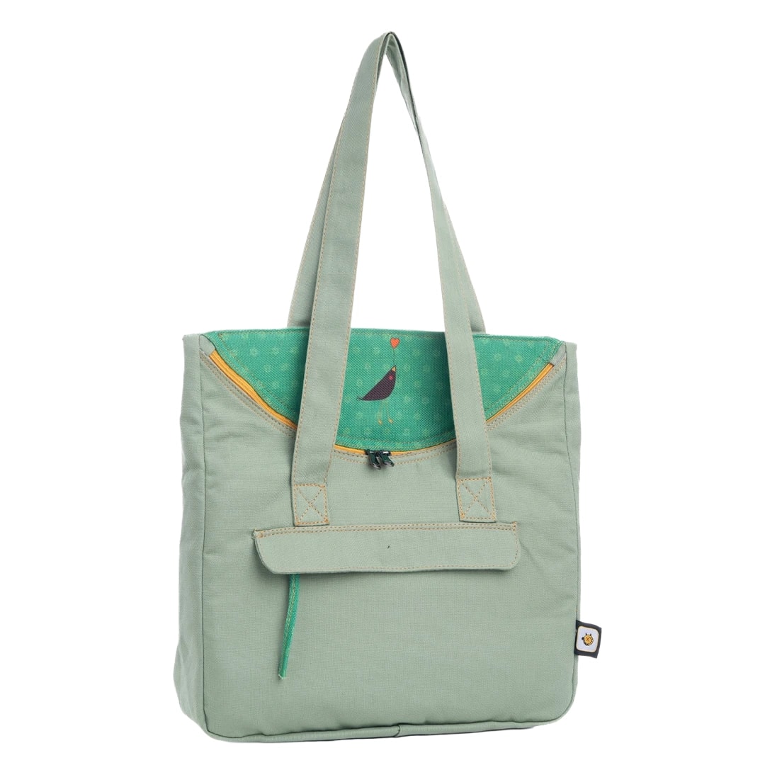 Su Yeşili Karga Desenli Canvas Kumaş Omuz Çantası