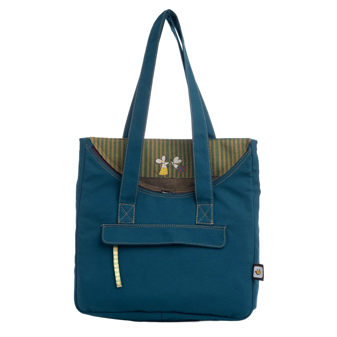 Petrol Mavisi Fare Desenli Canvas Kumaş Omuz Çantası
