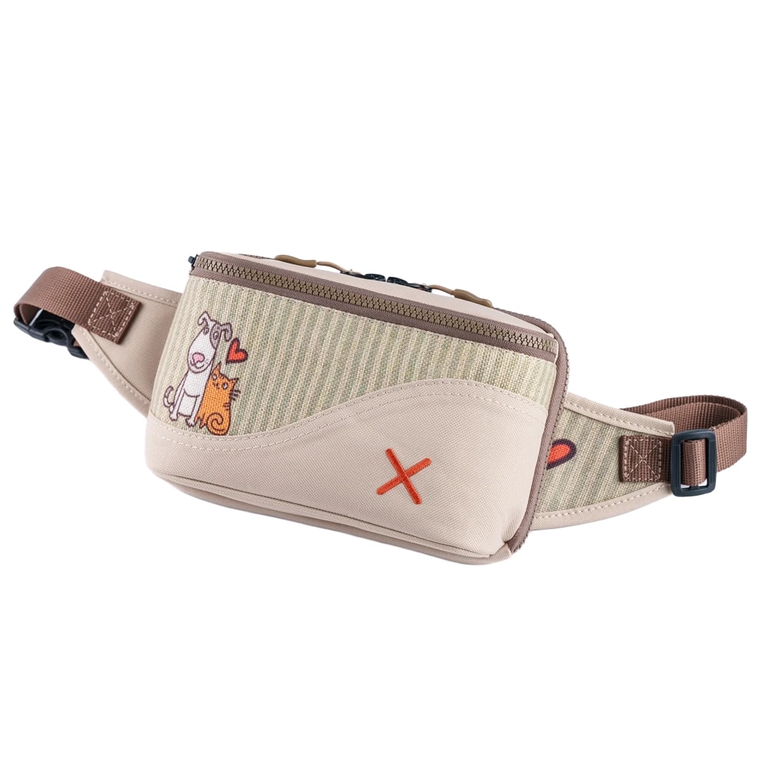 Krem Rengi Kedi & Köpek Desenli Kanvas Unisex Göğüs ve Bel Çantası