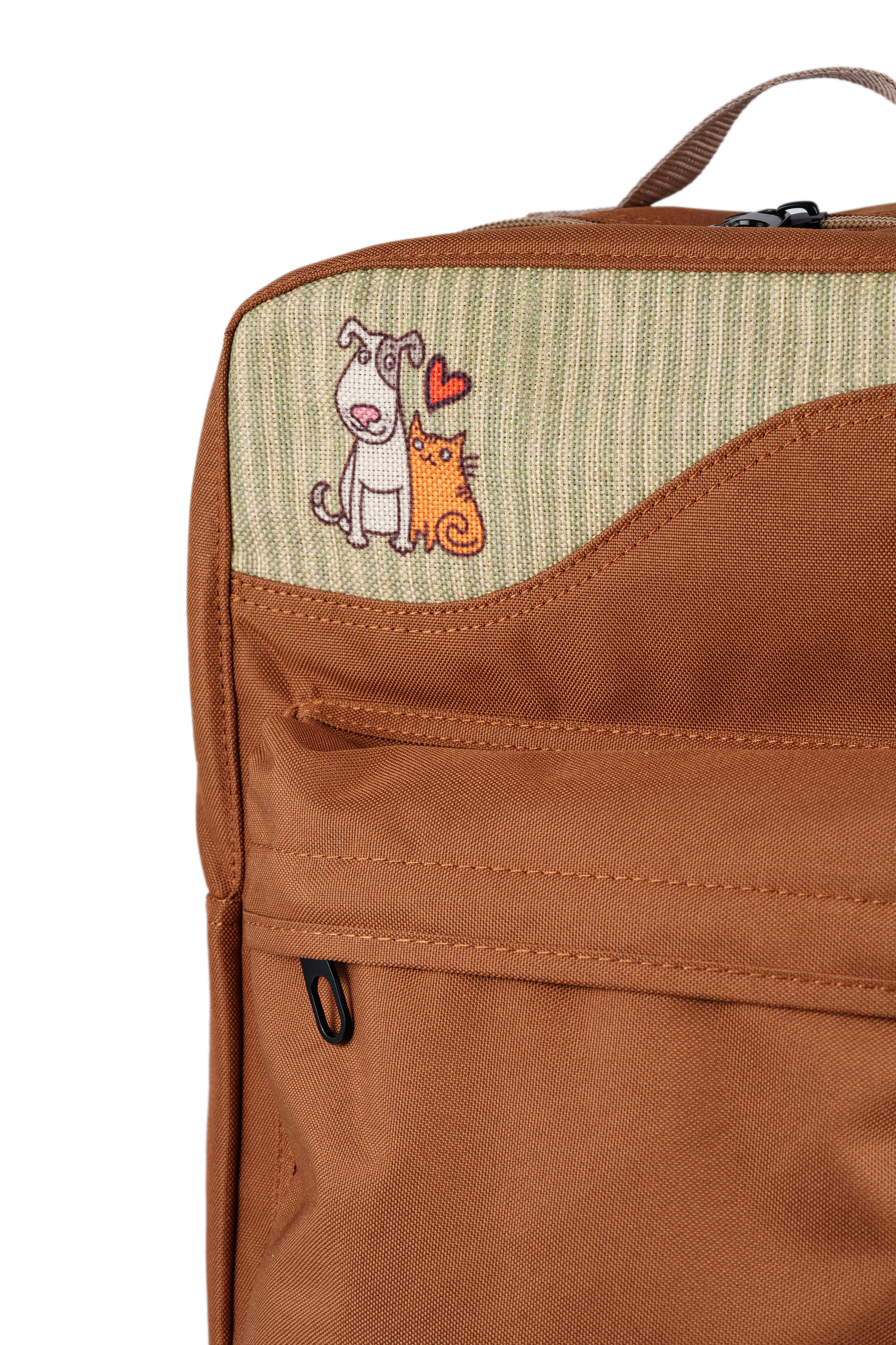 Kahverengi Kedi & Köpek Desenli Kanvas Unisex Sırt Çantası