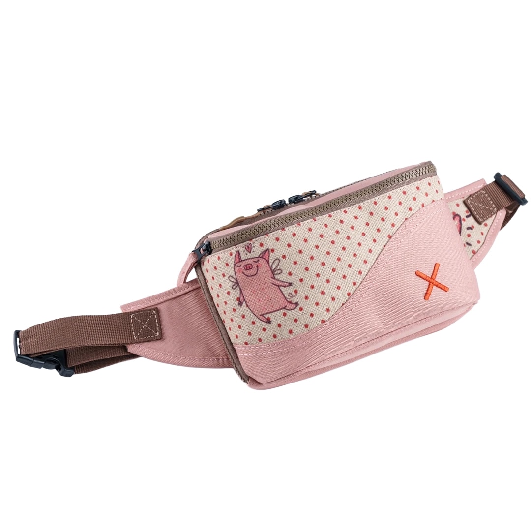 Pembe Domuz Desenli Kanvas Unisex Göğüs ve Bel Çantası