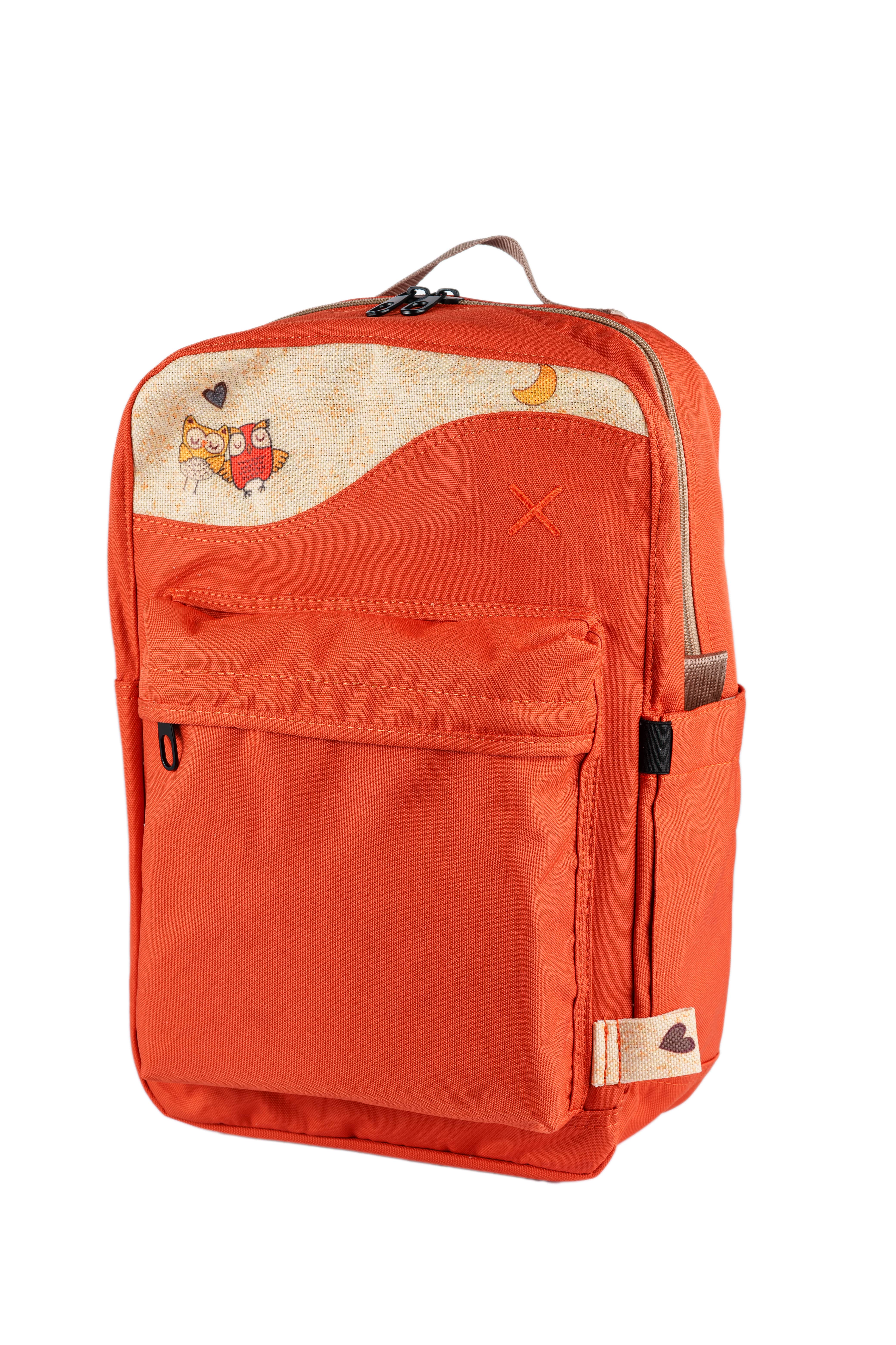 Turuncu Baykuş Desenli Kanvas Unisex Sırt Çantası