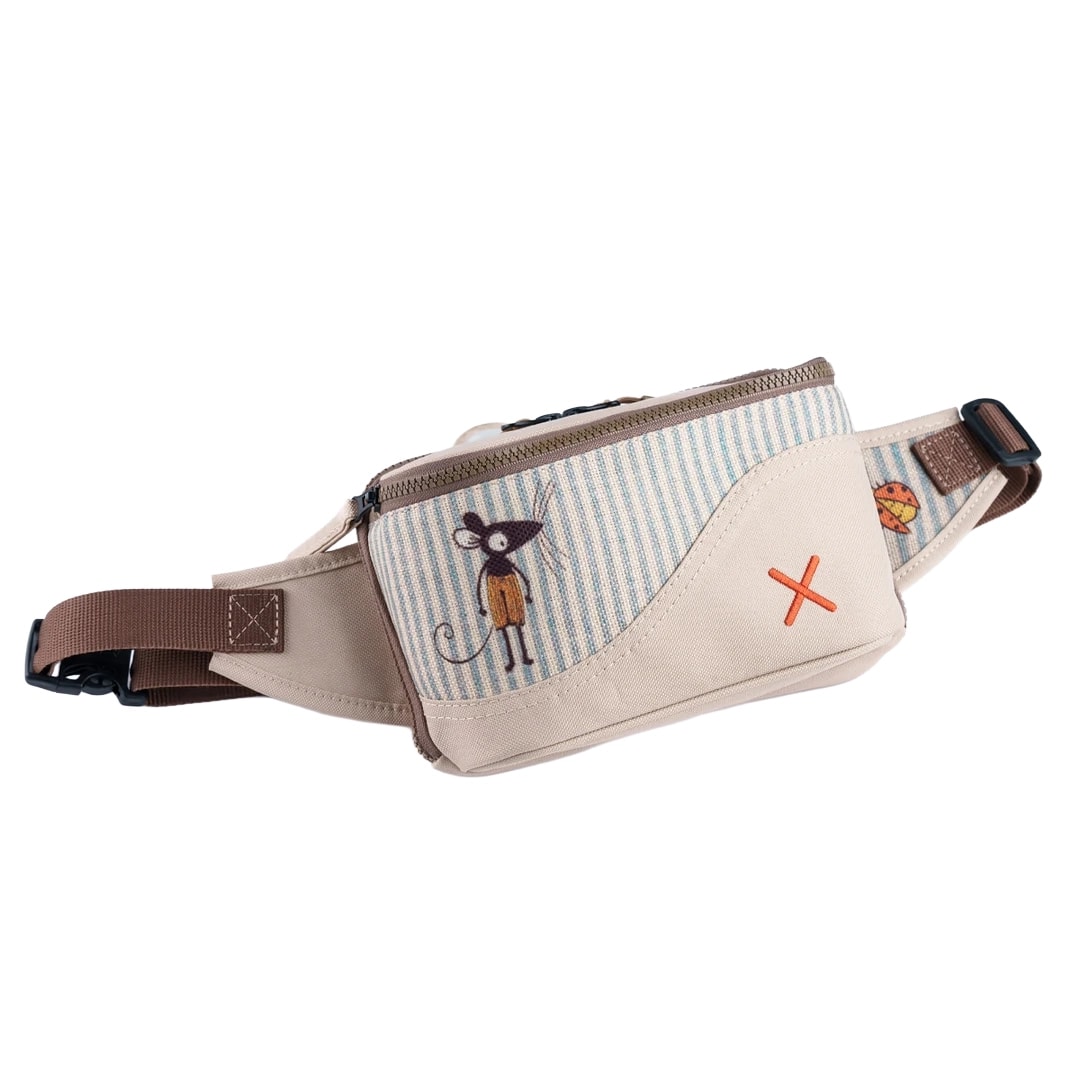 Krem Rengi Fare Desenli Kanvas Unisex Göğüs ve Bel Çantası