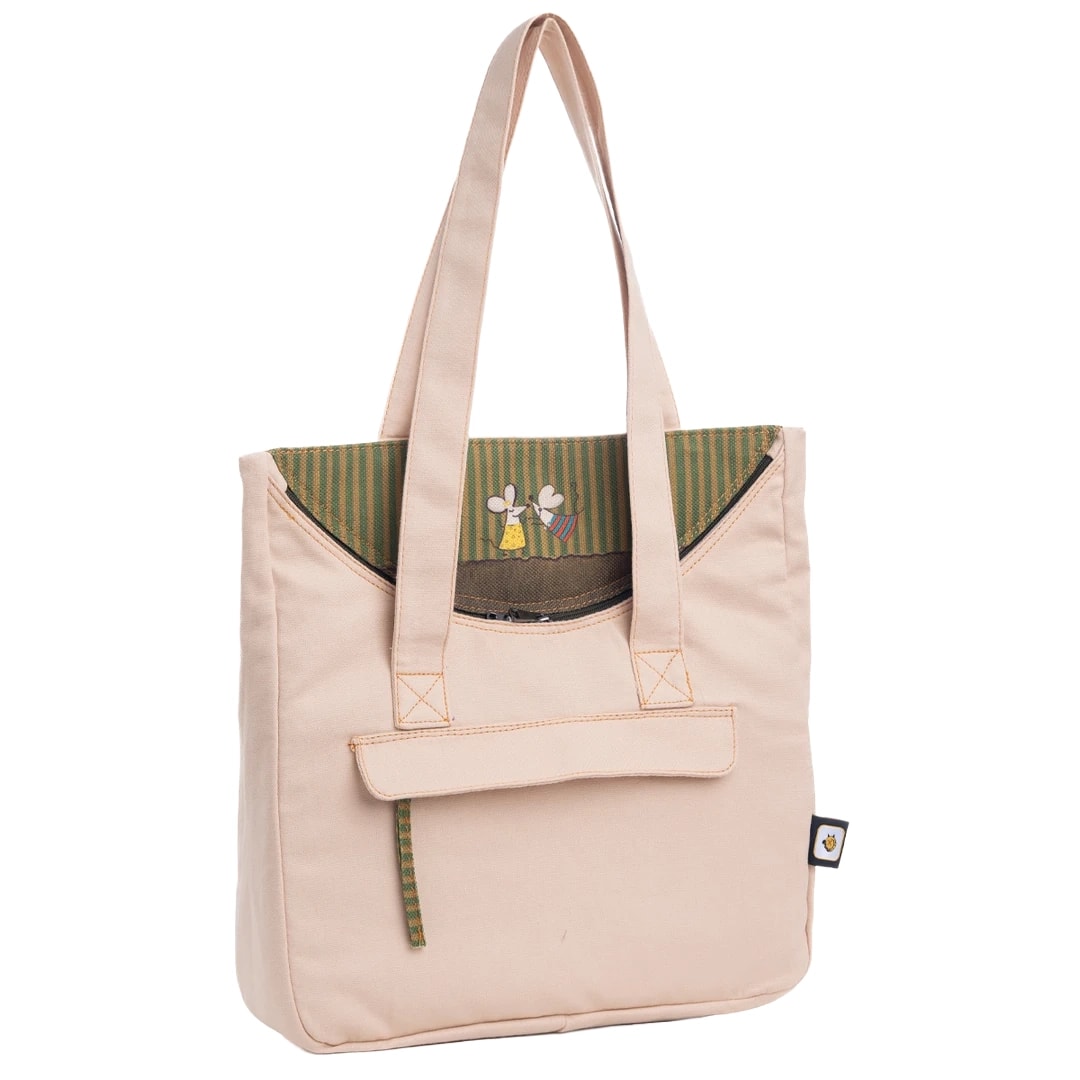 Krem Fare Desenli Canvas Kumaş Omuz Çantası