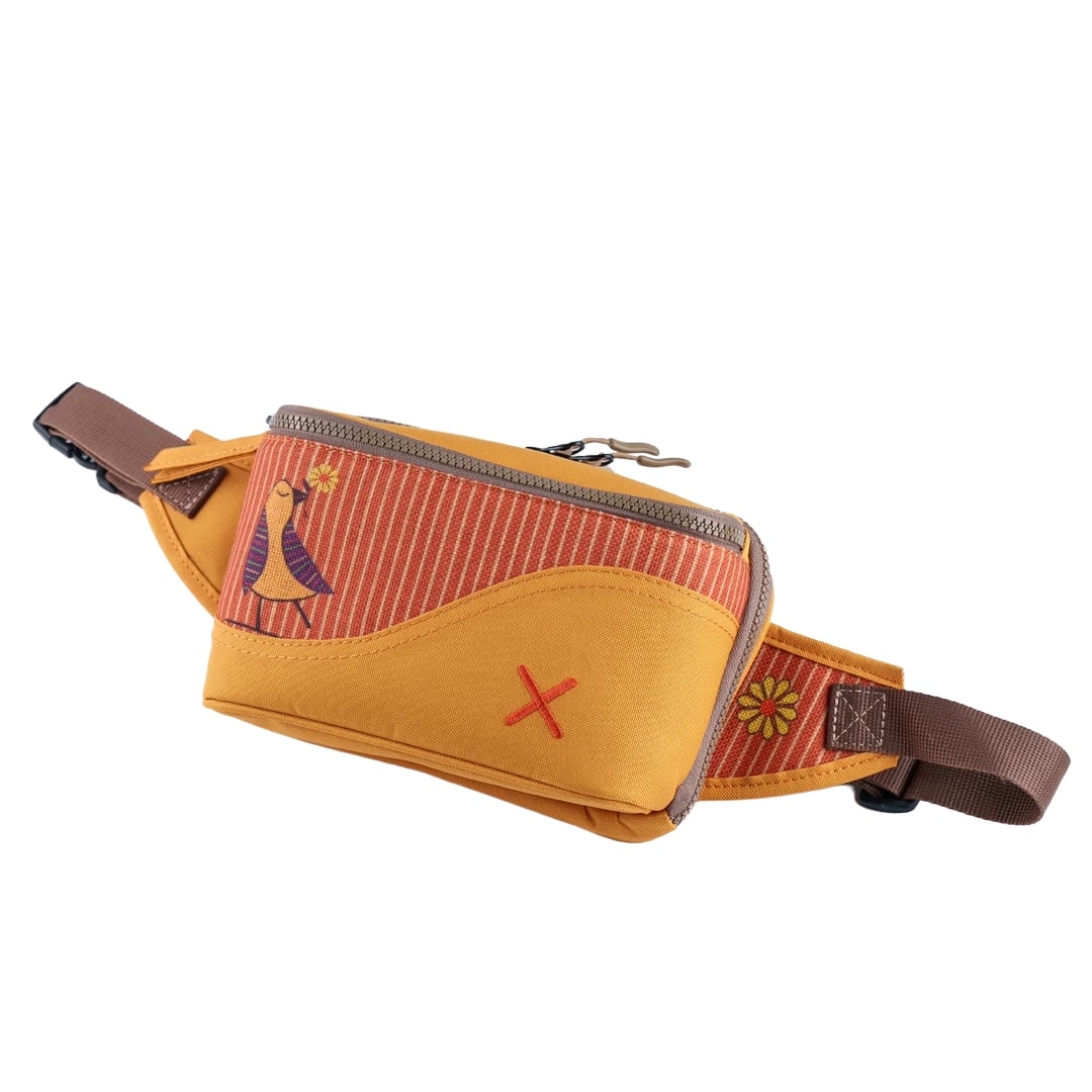 Sarı Kuş Desenli Kanvas Unisex Göğüs ve Bel Çantası