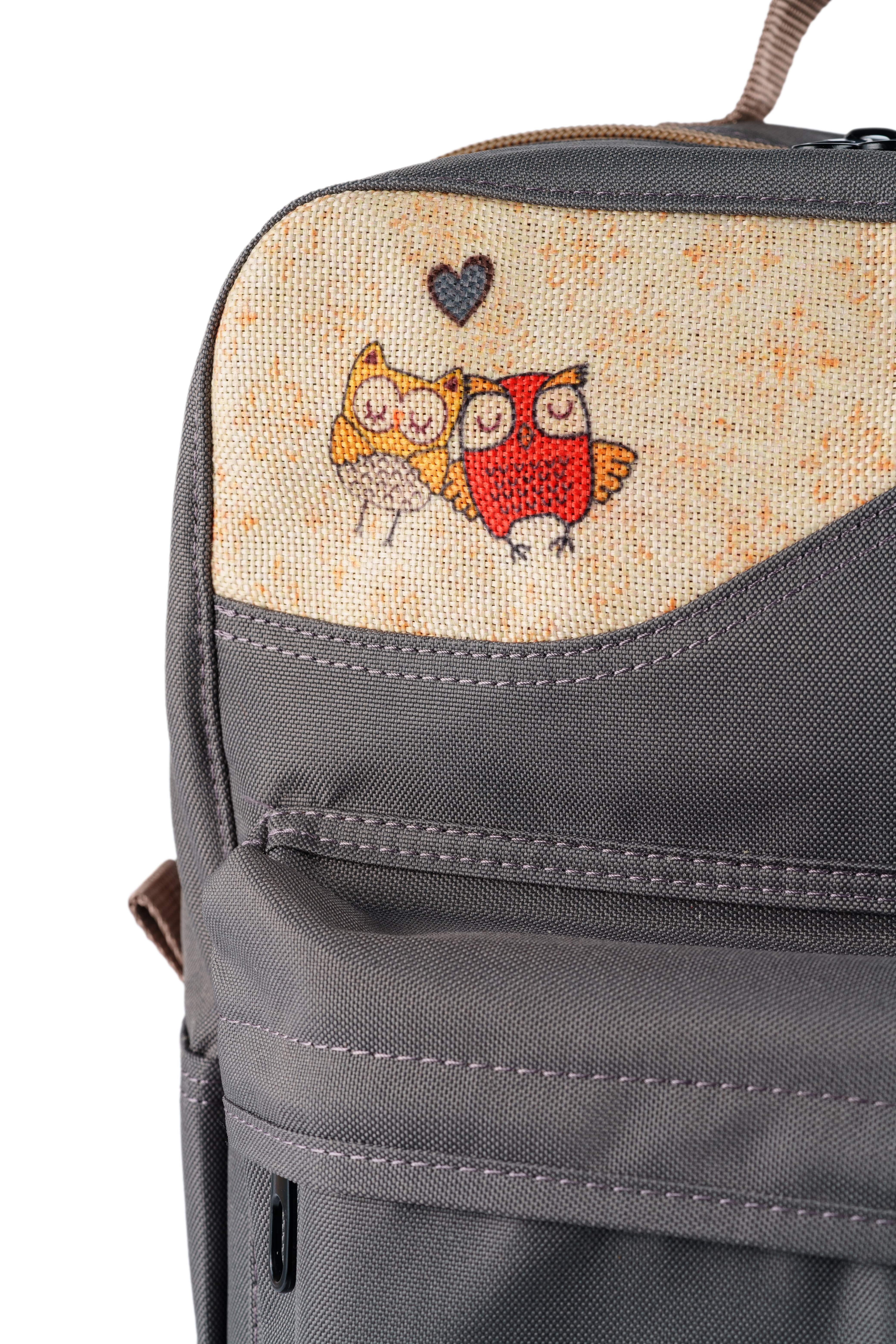 Antrasit Baykuş Desenli Kanvas Unisex Sırt Çantası