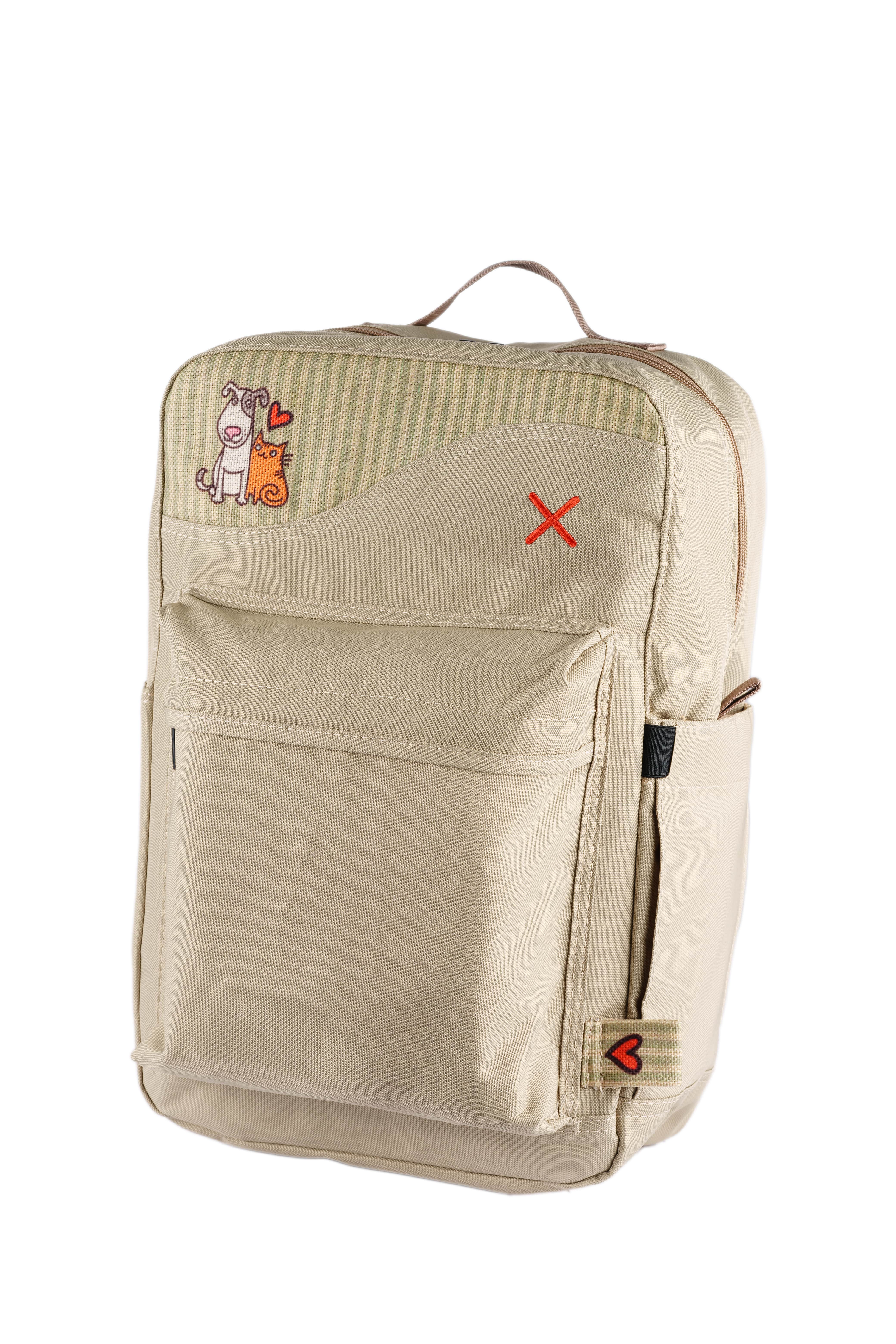 Krem Kedi & Köpek Desenli Kanvas Unisex Sırt Çantası