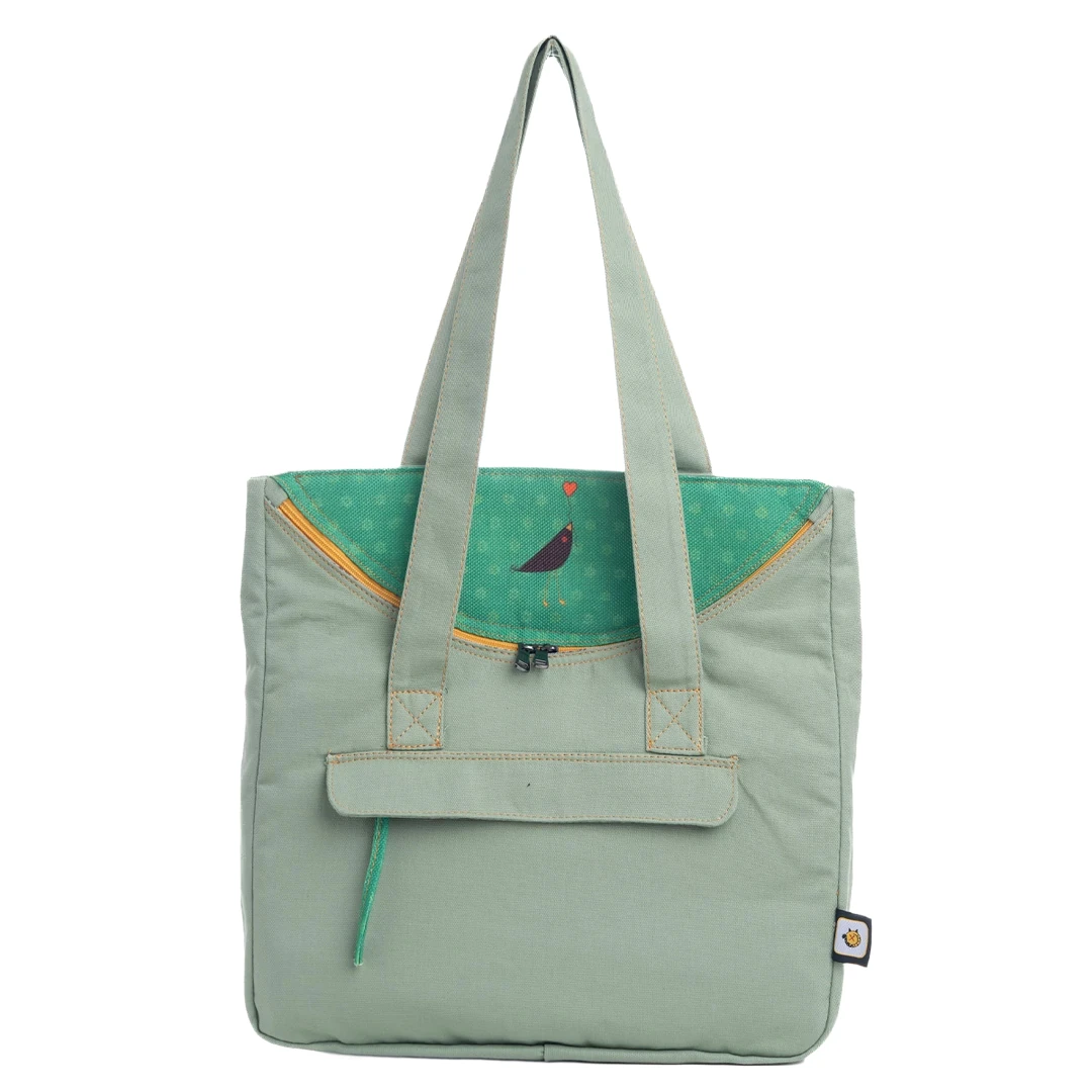 Su Yeşili Karga Desenli Canvas Kumaş Omuz Çantası