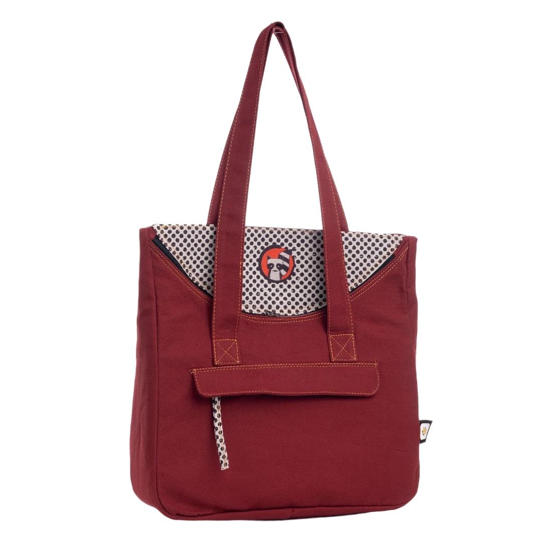 Bordo Rakun Desenli Canvas Kumaş Omuz Çantası