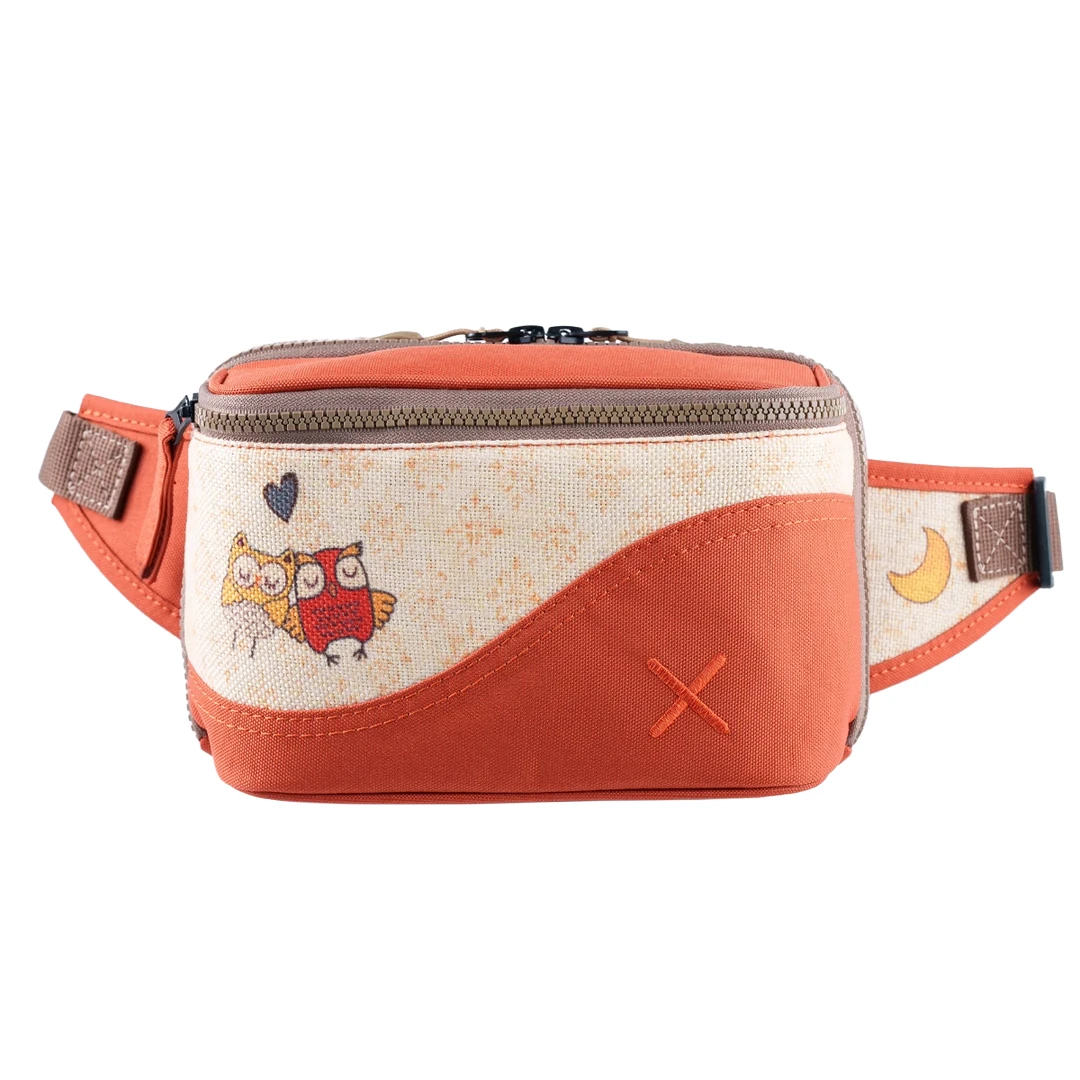 Turuncu Baykuş Desenli Kanvas Unisex Göğüs ve Bel Çantası
