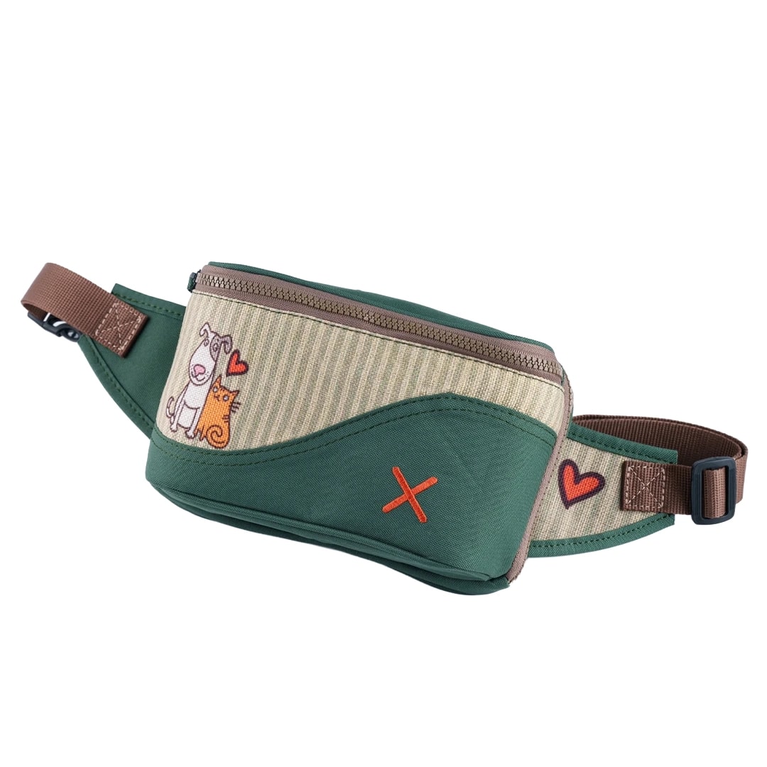 Yeşil Kedi & Köpek Desenli Kanvas Unisex Göğüs ve Bel Çantası