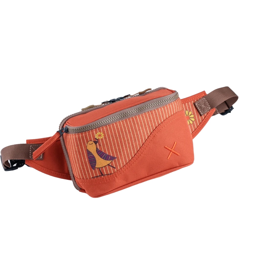 Turuncu Kuş Desenli Kanvas Unisex Göğüs ve Bel Çantası
