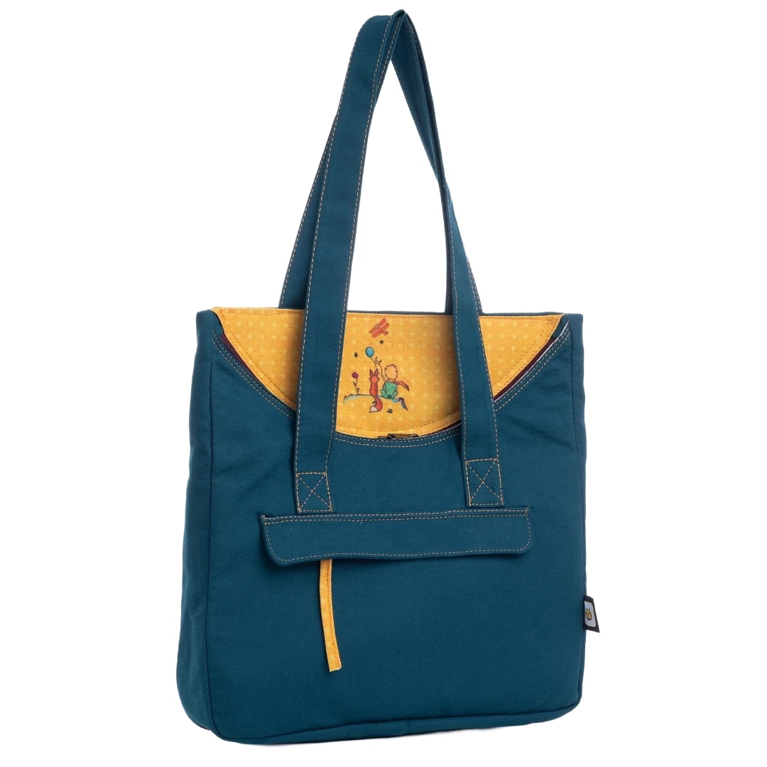 Petrol Mavisi Küçük Prens Desenli Canvas Kumaş Omuz Çantası
